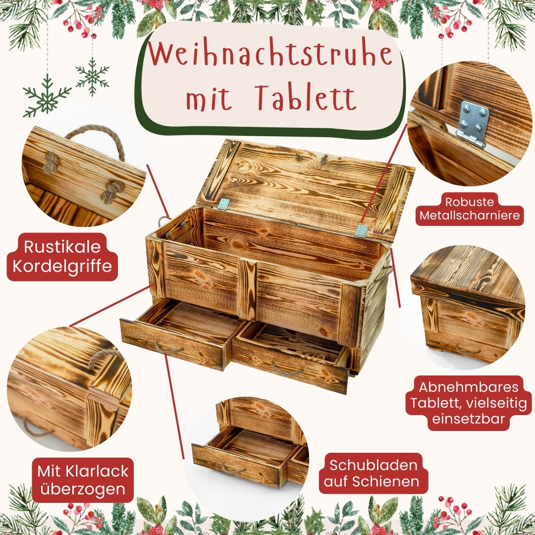 Holztruhe / Weihnachtstruhe Geflammt 100x46x40 cm mit Tablett und Holzweihnachtsbaum- HolzRepublik