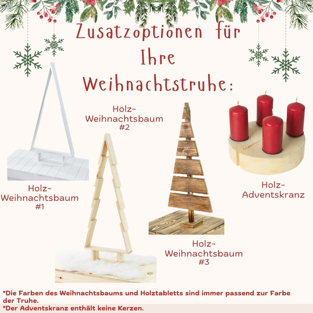 Holztruhe / Weihnachtstruhe Geflammt 100x46x40 cm mit Tablett und Holzweihnachtsbaum- HolzRepublik