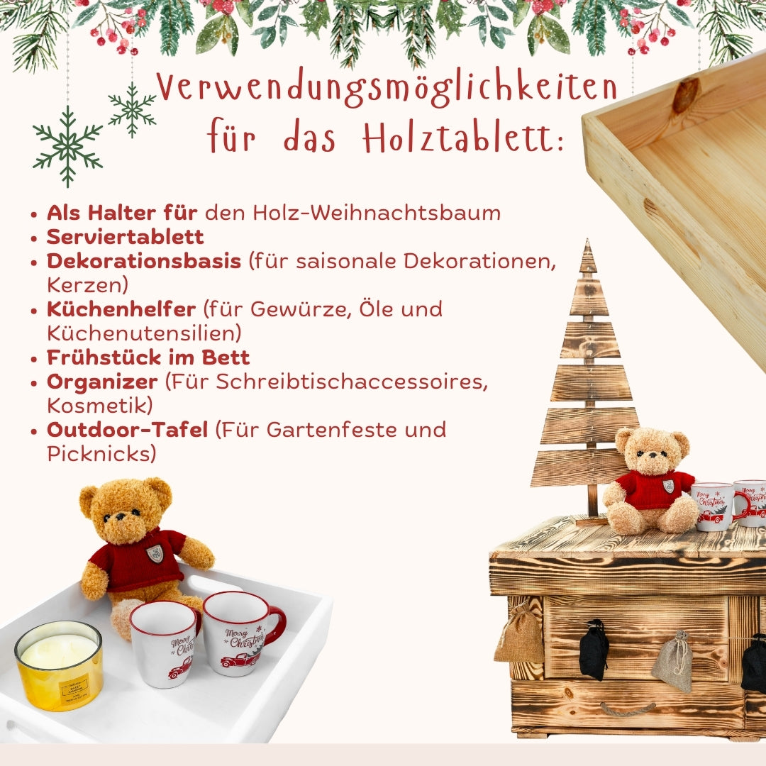 Holztruhe / Weihnachtstruhe Geflammt 100x46x40 cm mit Tablett und Holzweihnachtsbaum- HolzRepublik