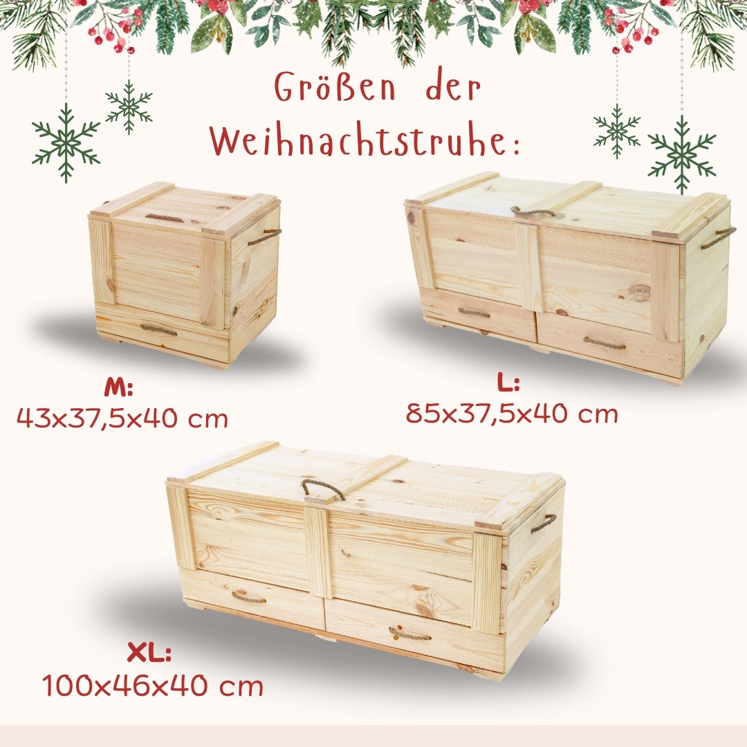 Holztruhe / Weihnachtstruhe Geflammt 100x46x40 cm mit Tablett und Holzweihnachtsbaum- HolzRepublik