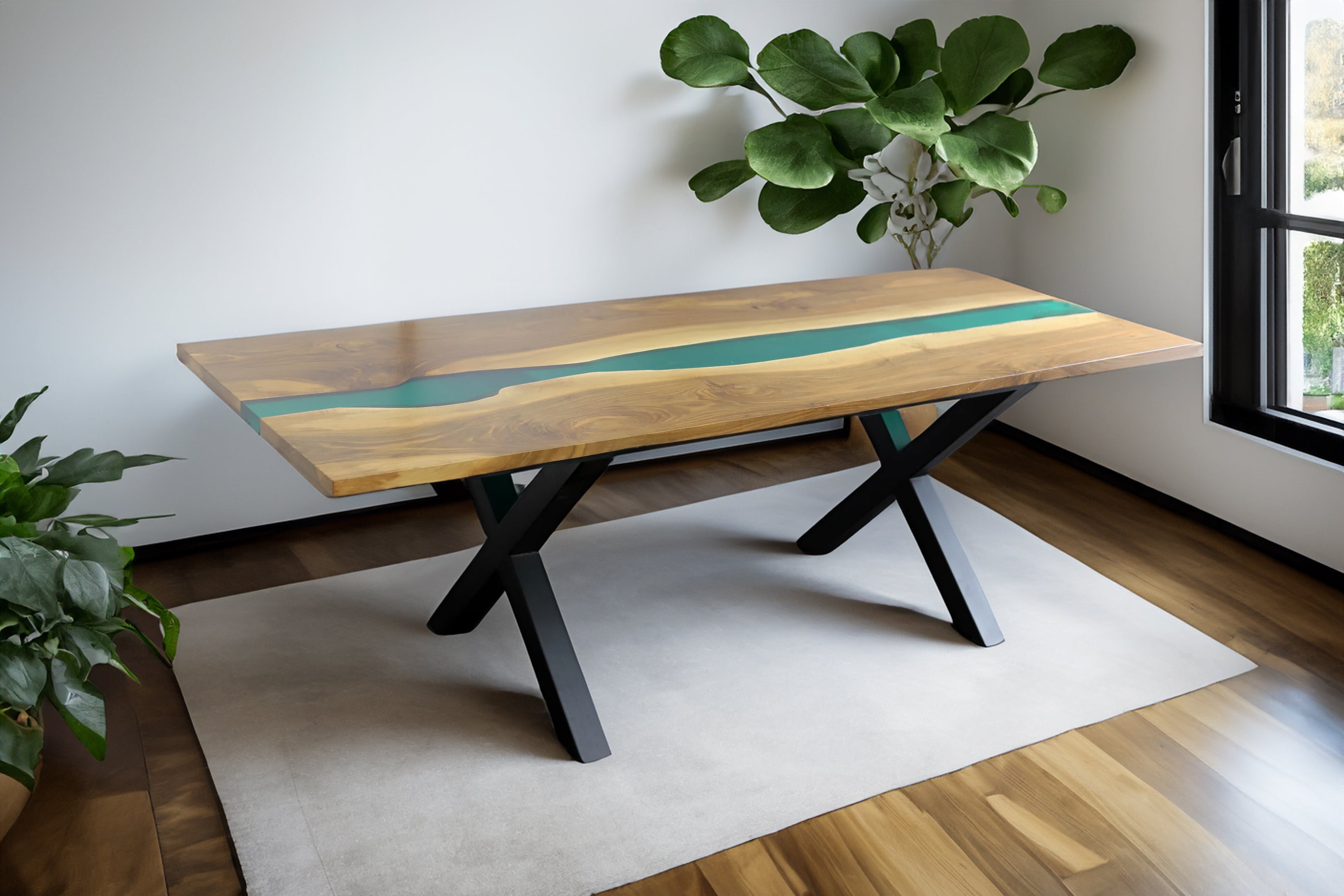 Rechteckige Esstischplatte mit grünem Epoxidharz / Holztischplatte / Epoxidtisch / Designertisch mit Epoxidharz- HolzRepublik