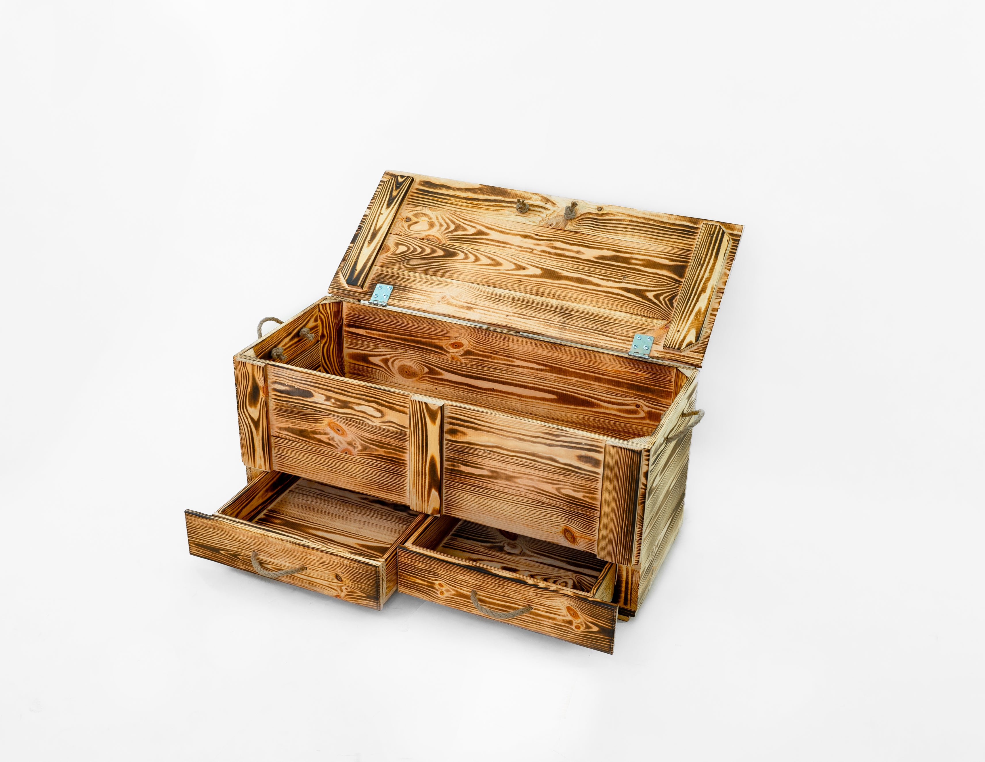 Holztruhe / Weihnachtstruhe Geflammt 100x46x40 cm mit Tablett und Holzweihnachtsbaum- HolzRepublik