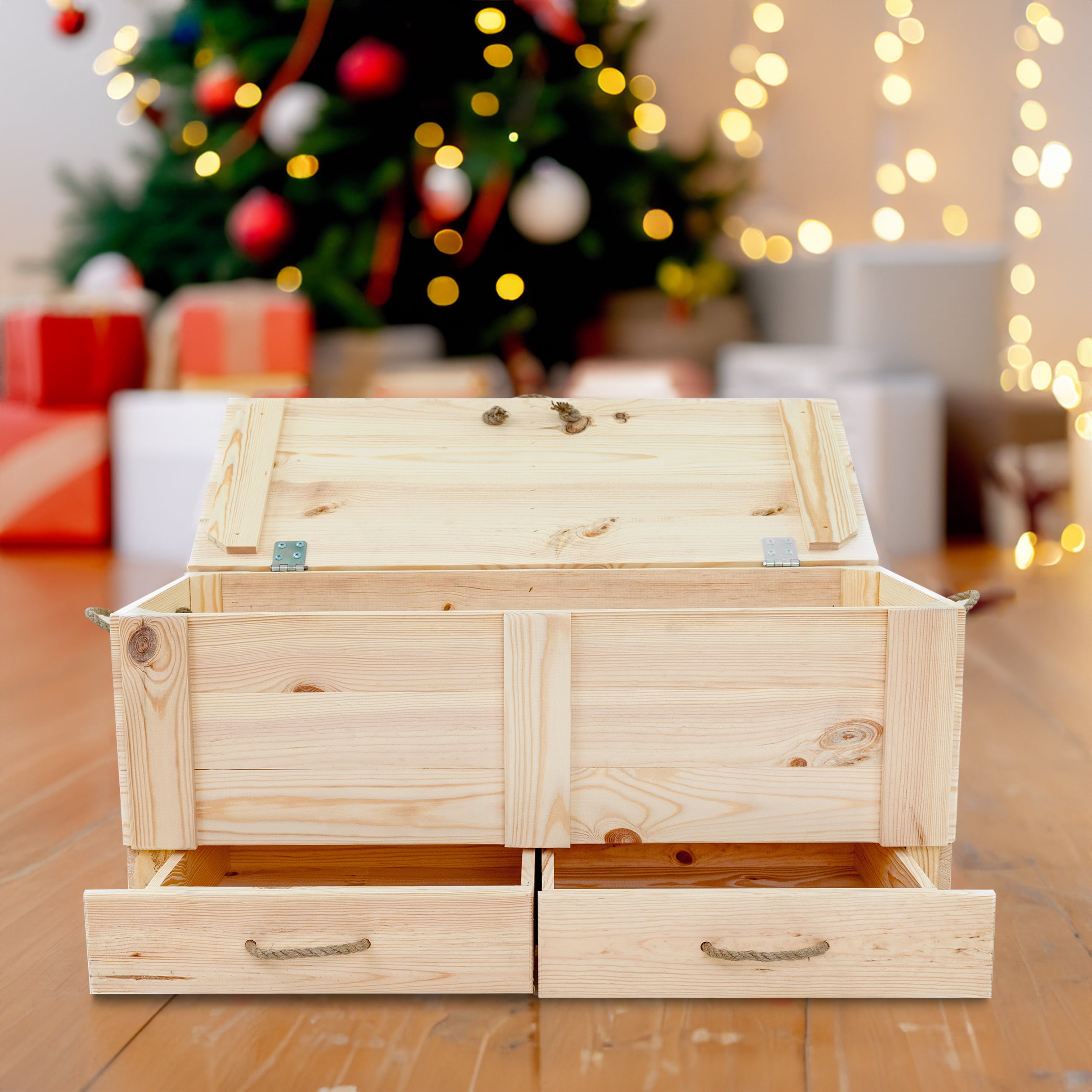 Holztruhe / Weihnachtstruhe Natur 100x46x40 cm mit Tablett und Holzweihnachtsbaum- HolzRepublik