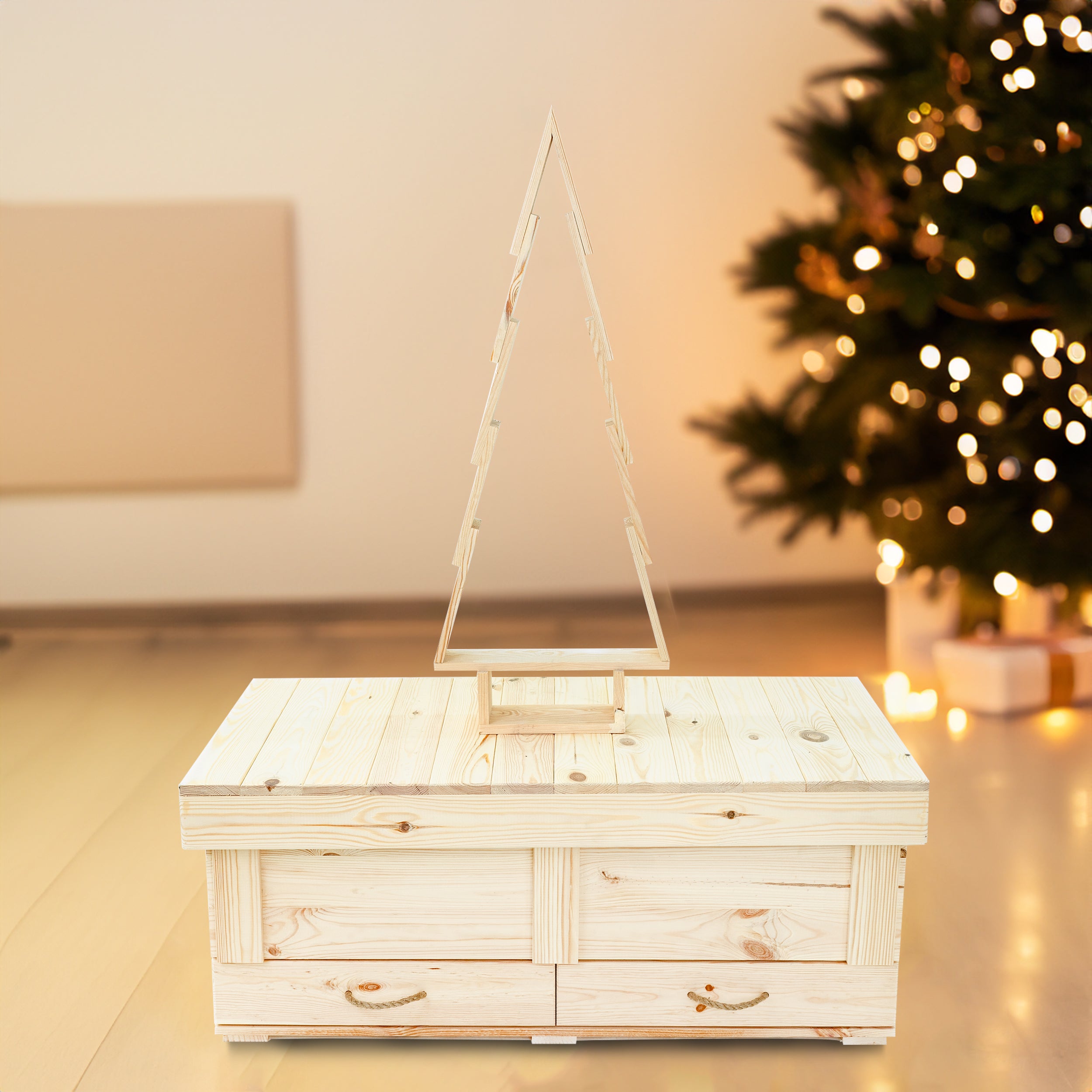 Holztruhe / Weihnachtstruhe Natur 100x46x40 cm mit Tablett und Holzweihnachtsbaum- HolzRepublik
