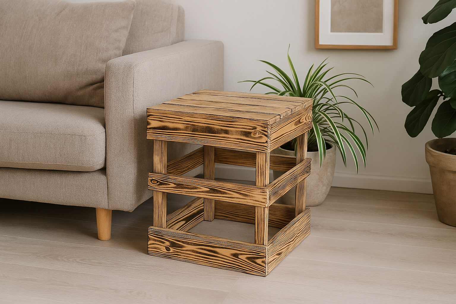 Geflammter Hocker 42x42x45 cm – handgefertigter Sitzplatz & Podest aus Holz / Robuster Holz-Hocker im rustikalen Design
