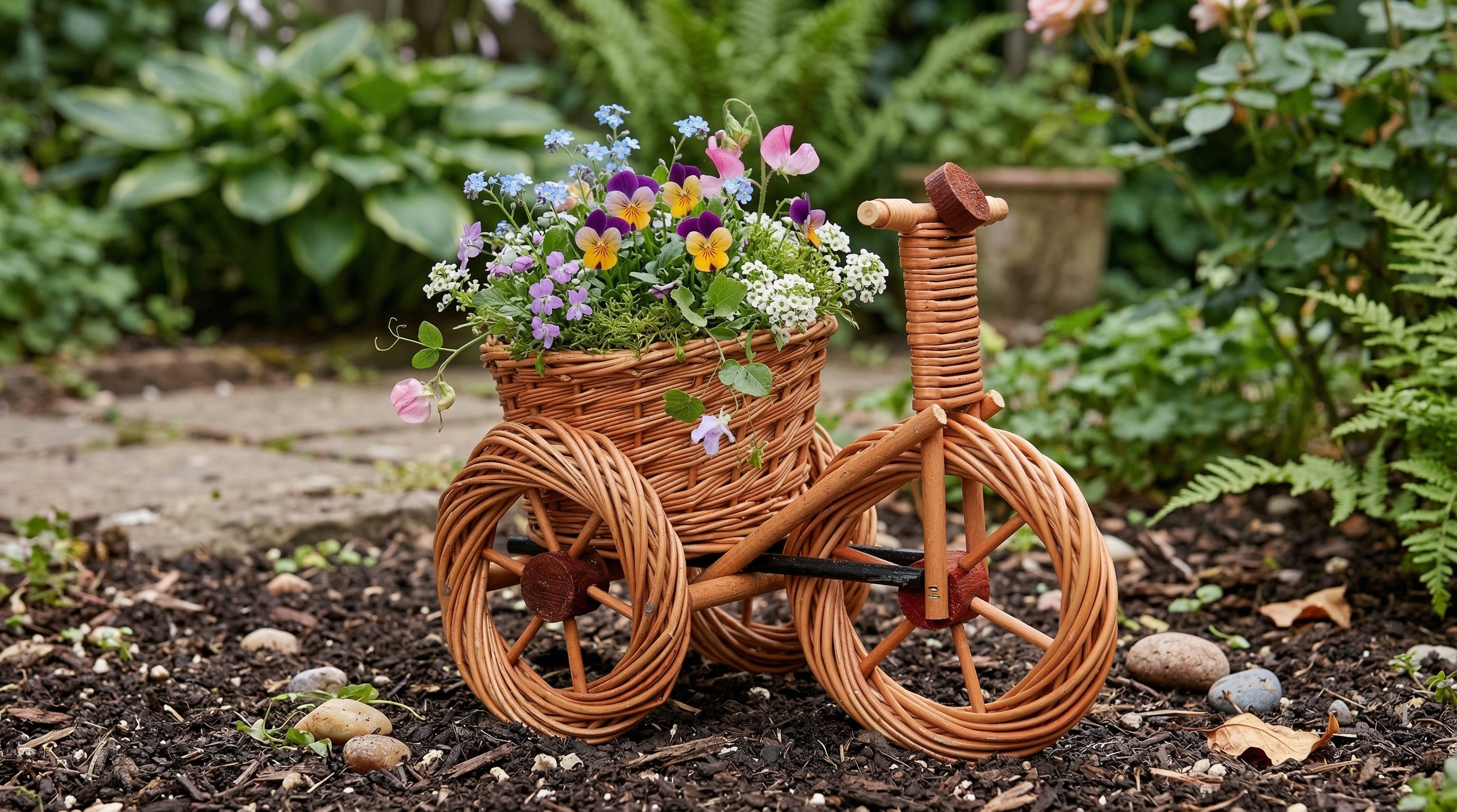 Rattan-Blumentopf in Fahrradform – dekorativer Pflanzkorb aus Naturmaterial / Handgefertigte Fahrrad-Deko für Garten, Balkon & Innenbereich