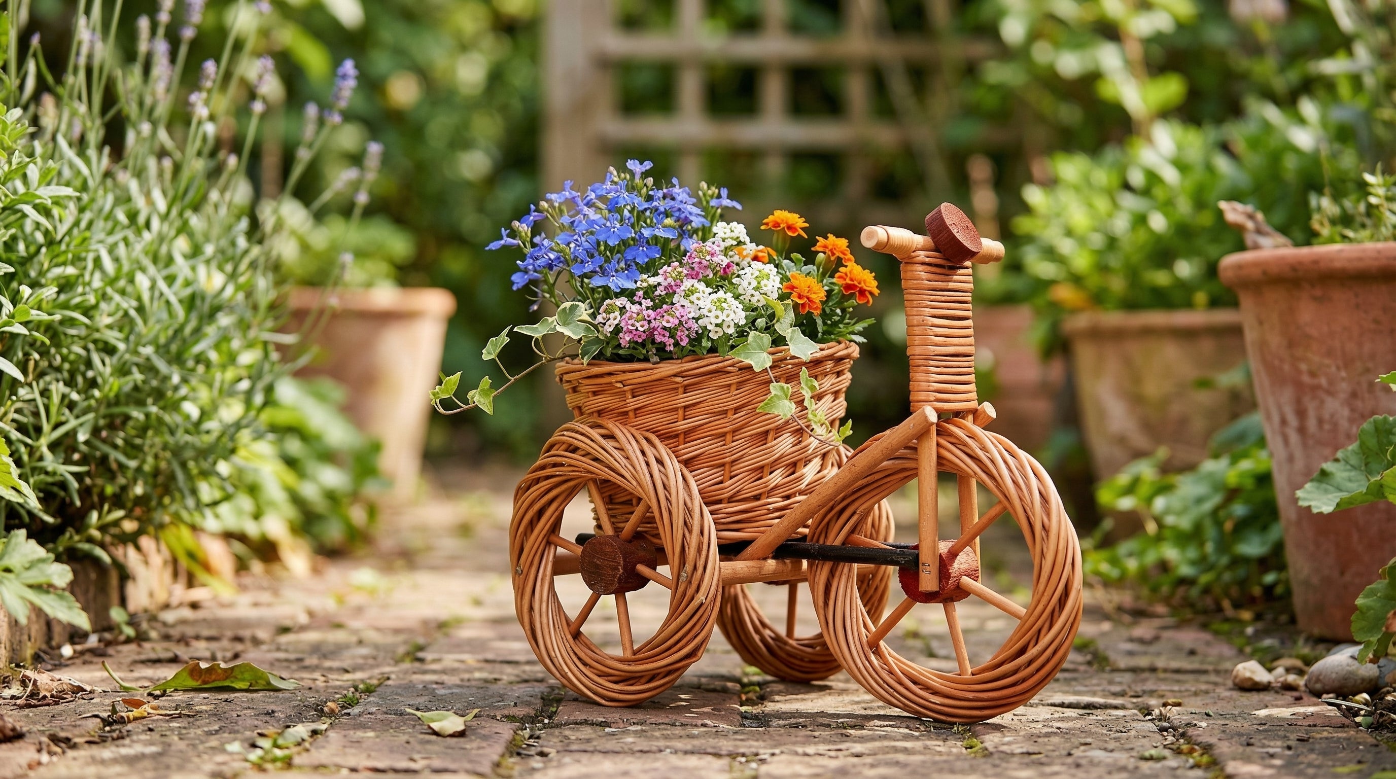Rattan-Blumentopf in Fahrradform – dekorativer Pflanzkorb aus Naturmaterial / Handgefertigte Fahrrad-Deko für Garten, Balkon & Innenbereich