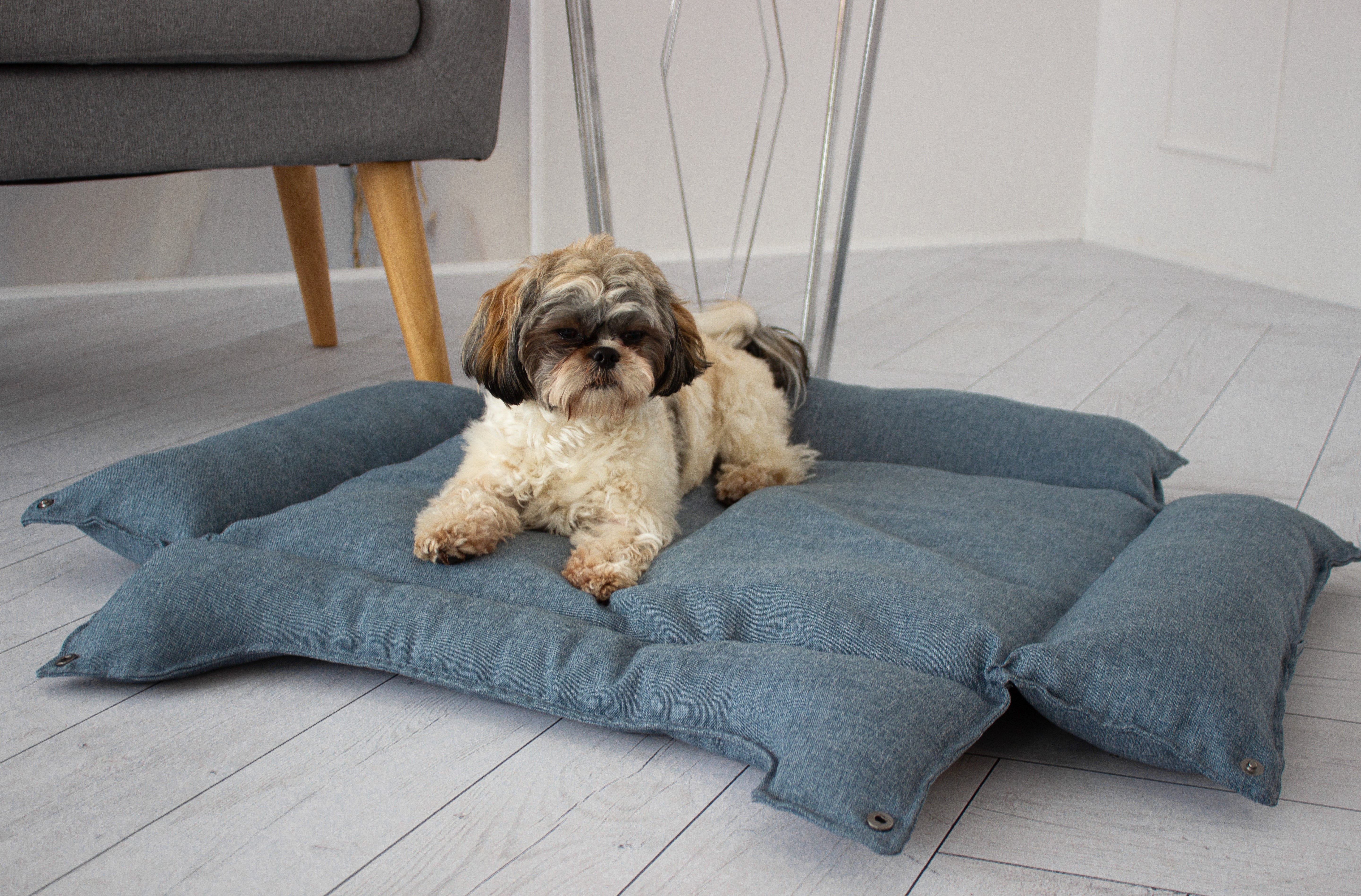Hundebett & Hundekissen in einem - Jeans-Blau /Einklappbare Hundeliege / Hunde-Schlafplatz maschinenwaschbar- HolzRepublik