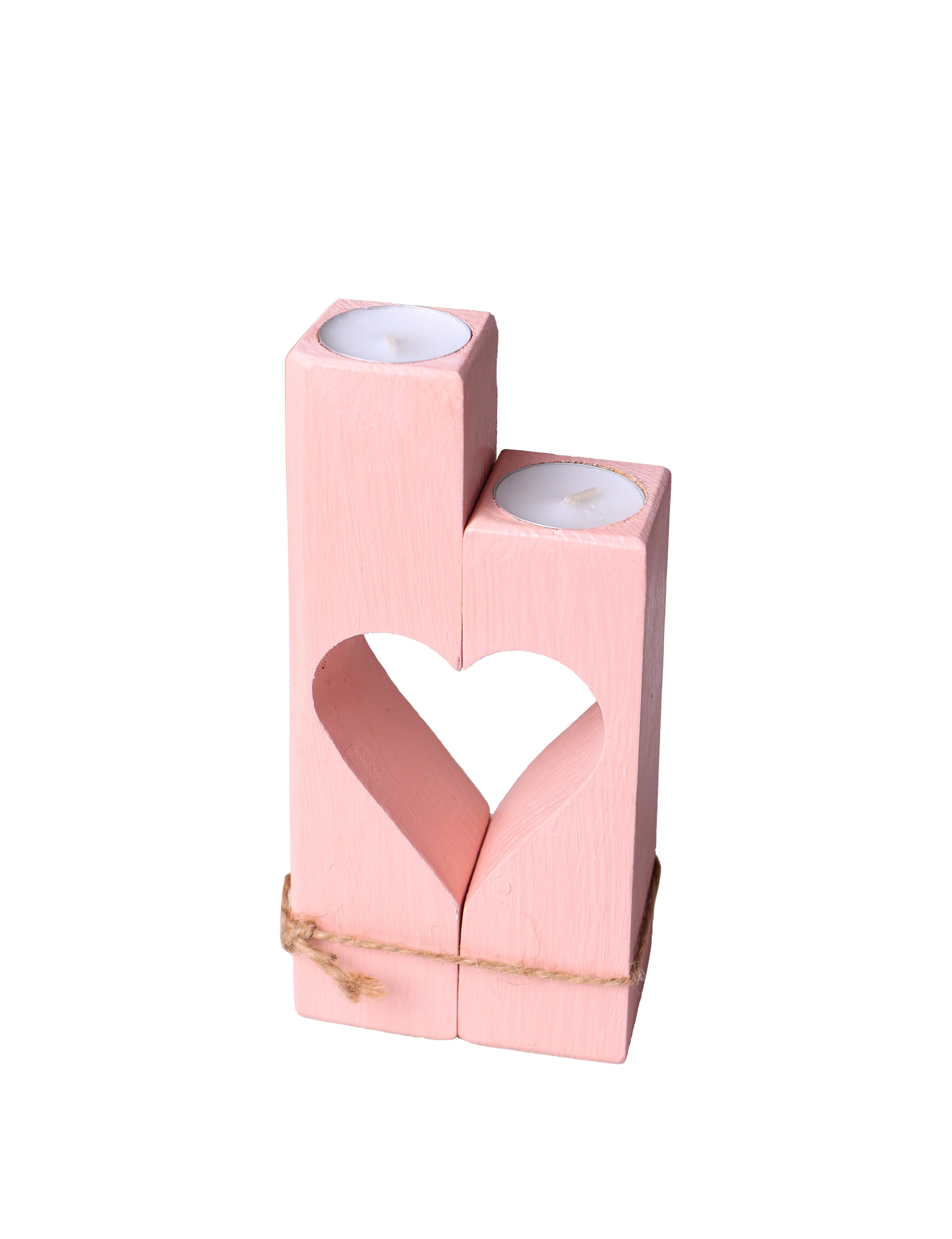 Holz Kerzenhalter mit Herzform - Rosa- HolzRepublik
