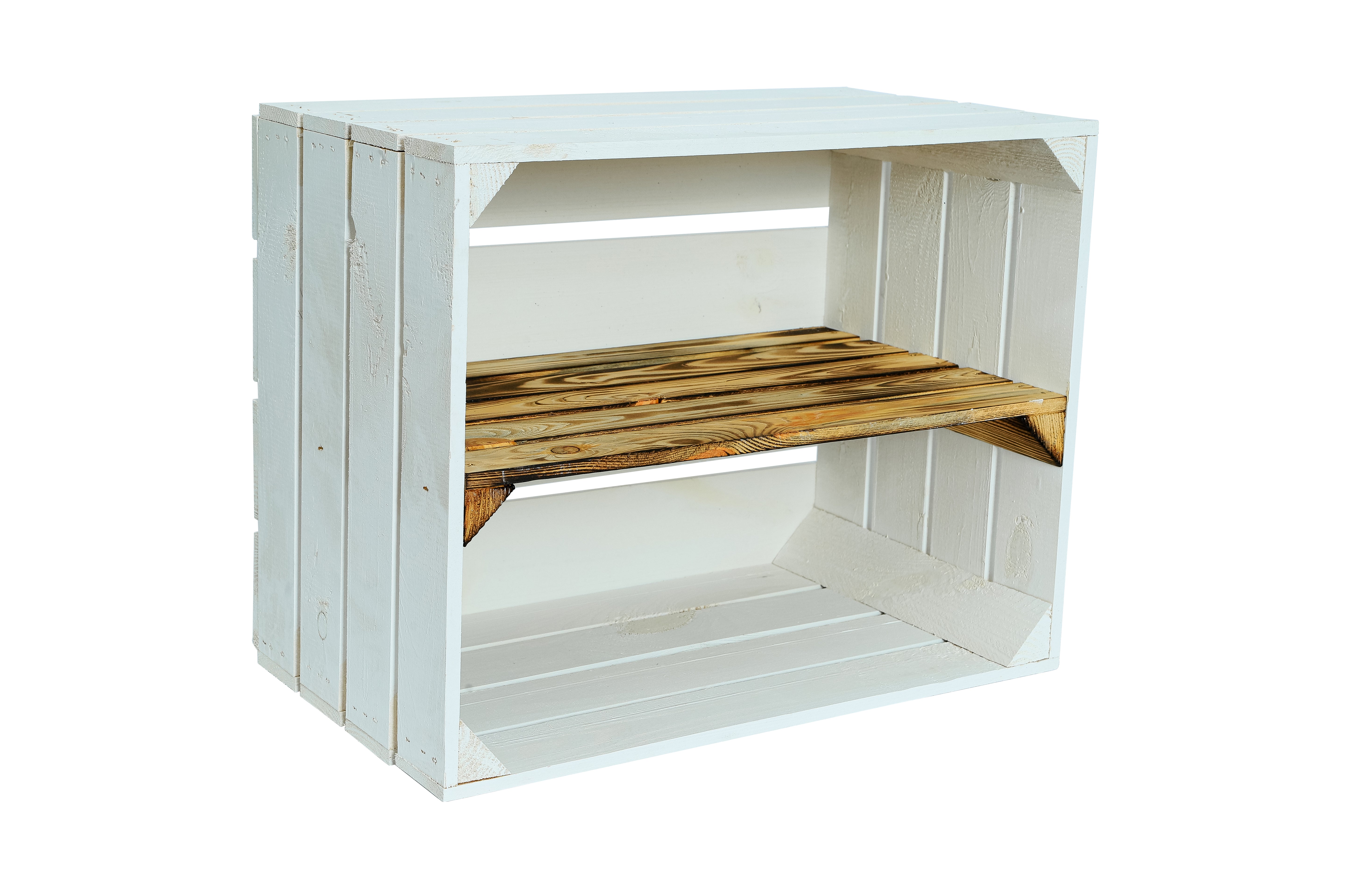 Neue Holzkiste Schuh 50x40x29 cm mit Mittelbrett Weiß-Geflammt  / Schuhregal / Obstkistenregal / Schuhschrank / Schuhkiste- HolzRepublik