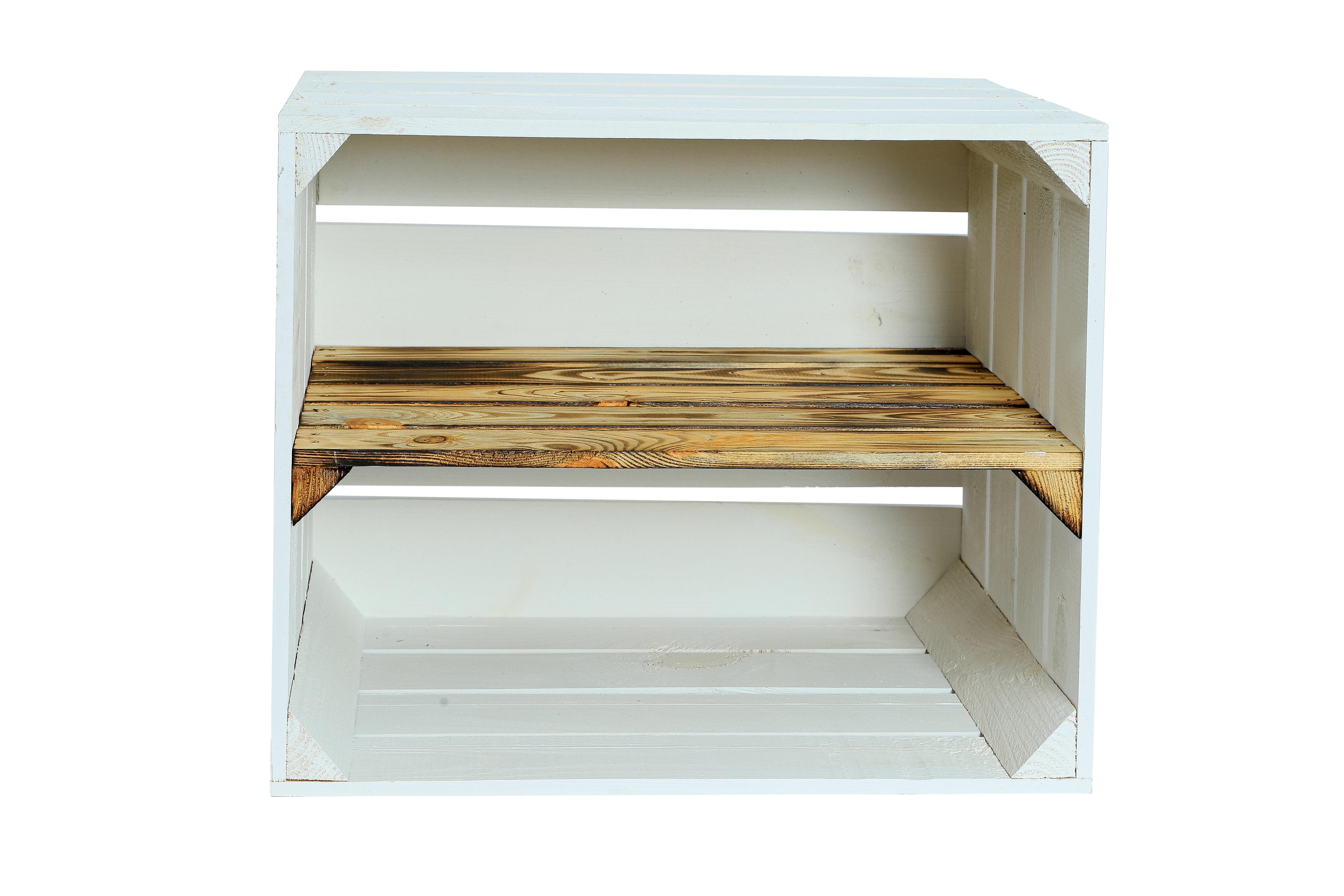 Neue Holzkiste Schuh 50x40x29 cm mit Mittelbrett Weiß-Geflammt  / Schuhregal / Obstkistenregal / Schuhschrank / Schuhkiste- HolzRepublik