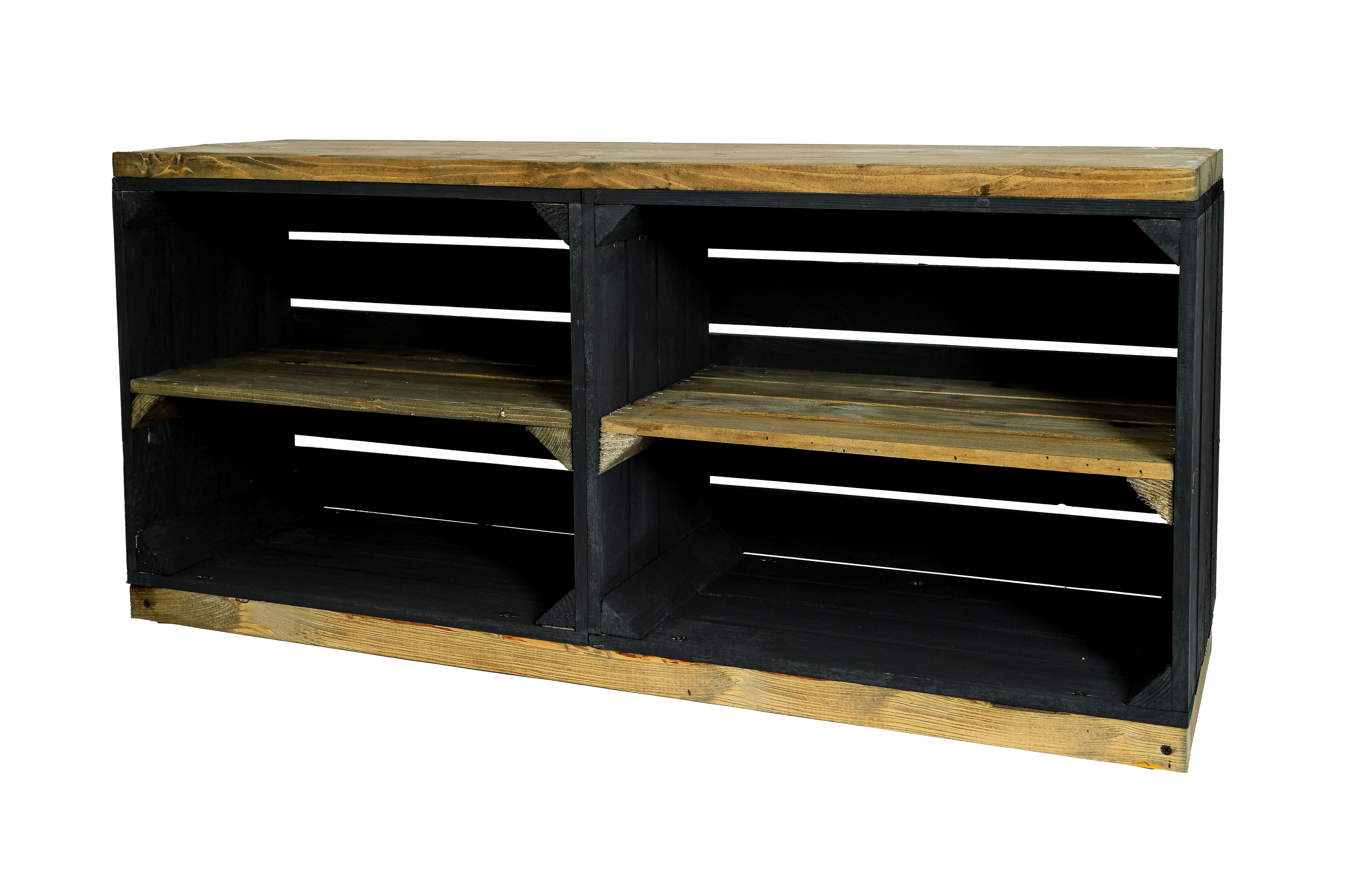TV-Schrank / Sitzschrank 100x45x29 cm - schwarz-geflammt aus Holzkisten und Bohlenbrett / Multifunktionale Sitzbank- HolzRepublik