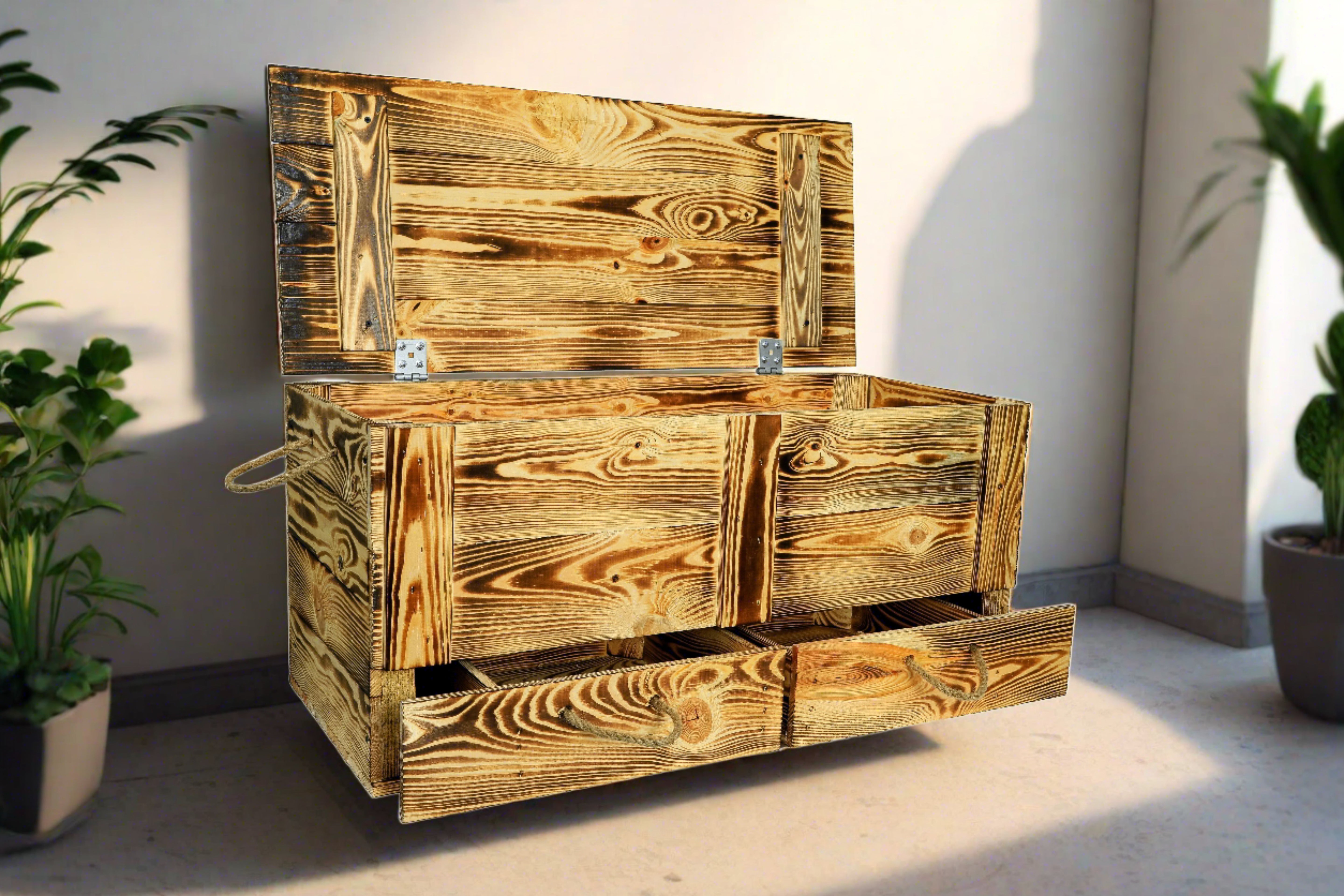 Neue Holztruhe mit 2 Schubladen 85,5x42x43,5cm - geflammt- HolzRepublik