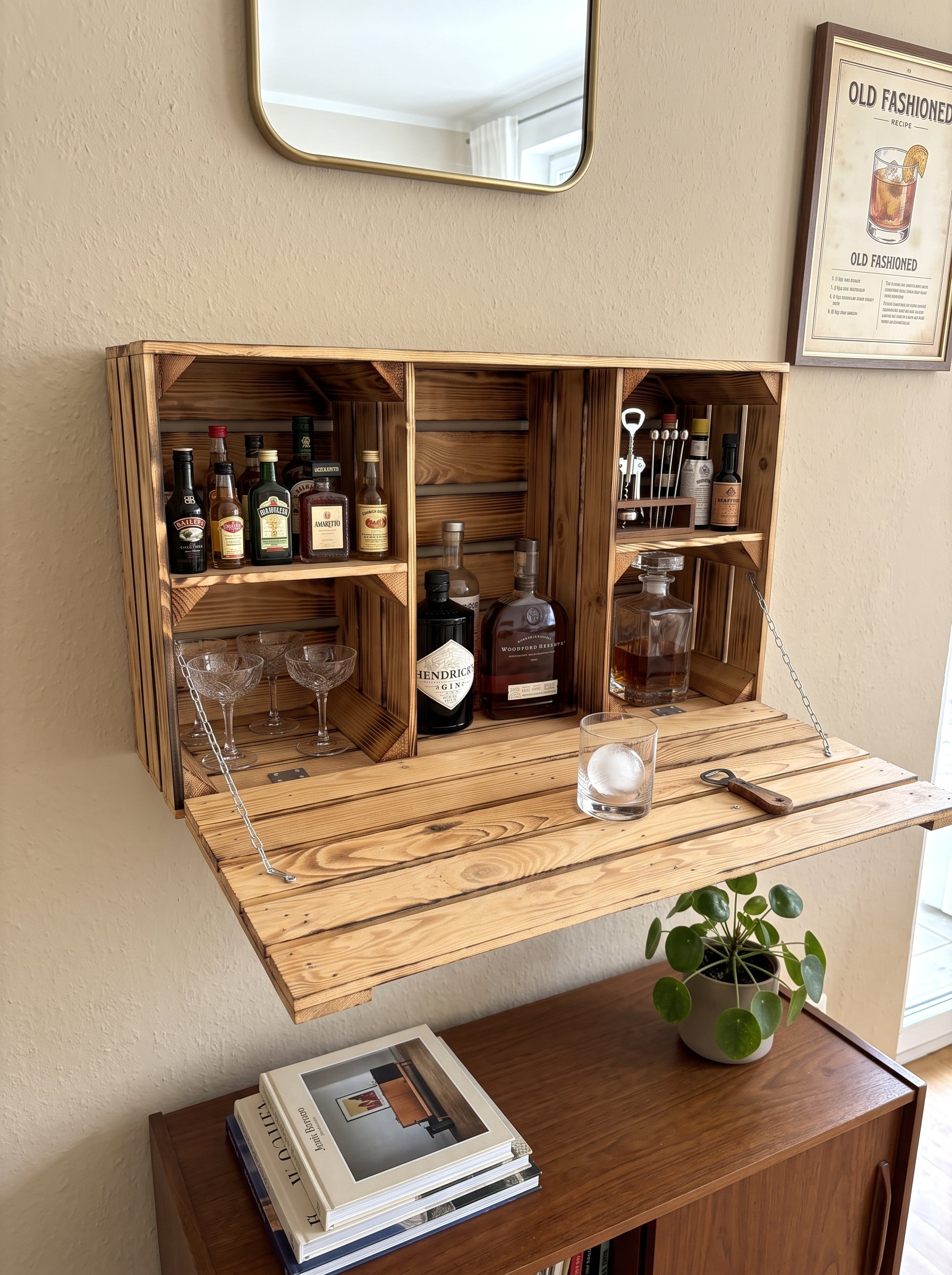 Geflammte Hängebar aus Holz 80×30×40 cm – Wandbar, Flaschenregal, Klapptruhe & Aufbewahrung
