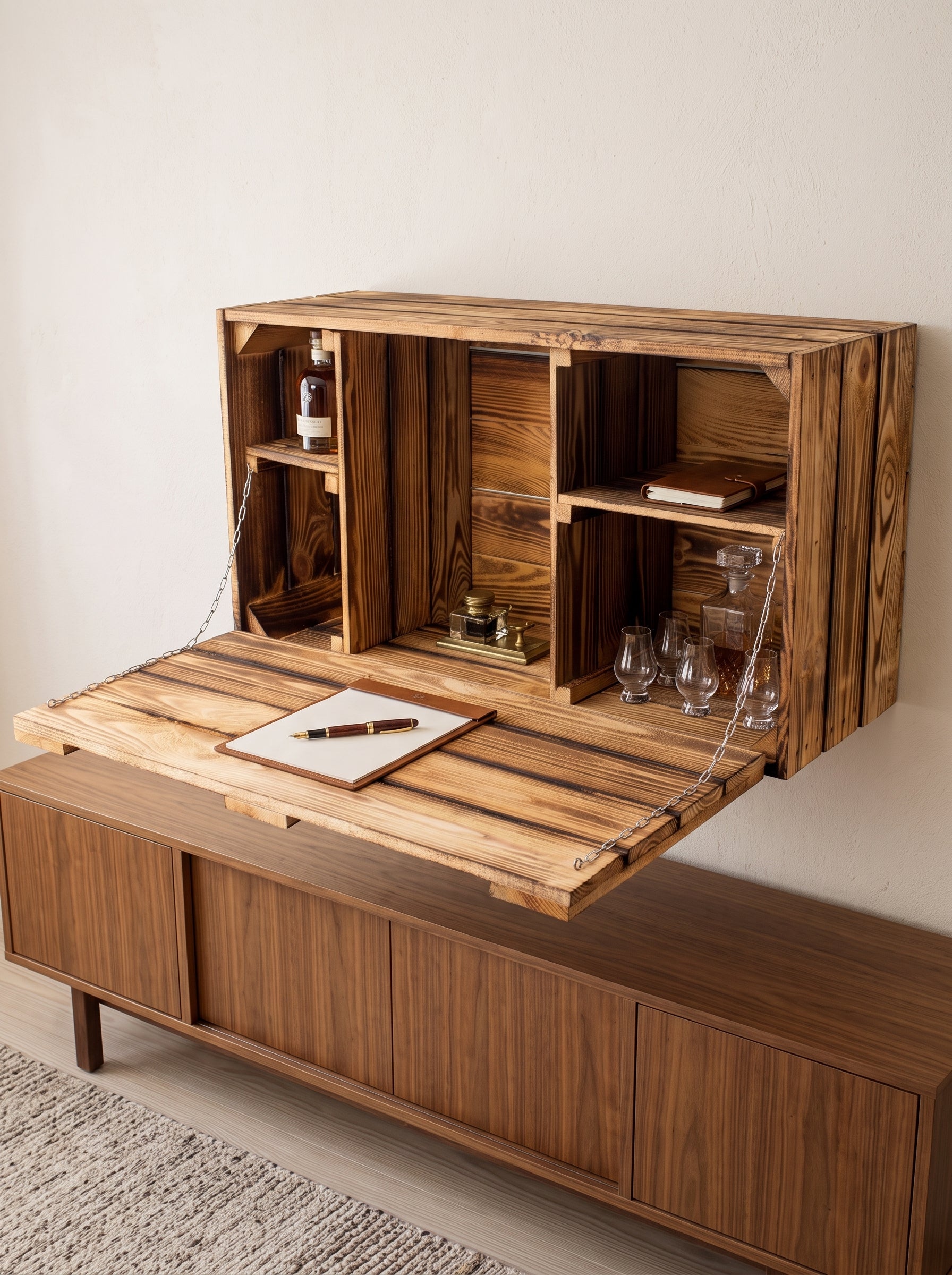 Geflammte Hängebar aus Holz 80×30×40 cm – Wandbar, Flaschenregal, Klapptruhe & Aufbewahrung