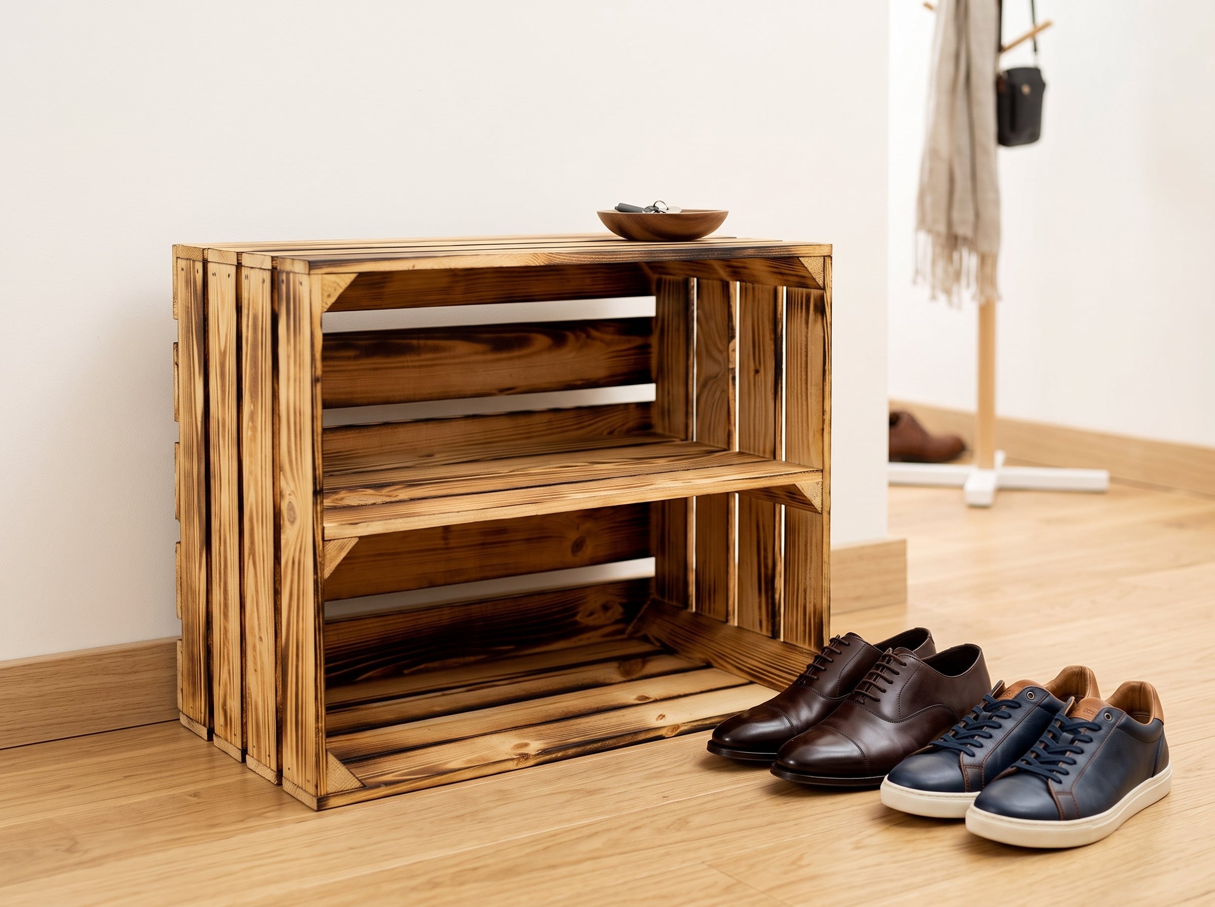 Geflammte Holzkiste Schuh 50x40×29 cm – Holz Wandregal, Schuhregal, Bücherregal, Regalkiste & Aufbewahrung