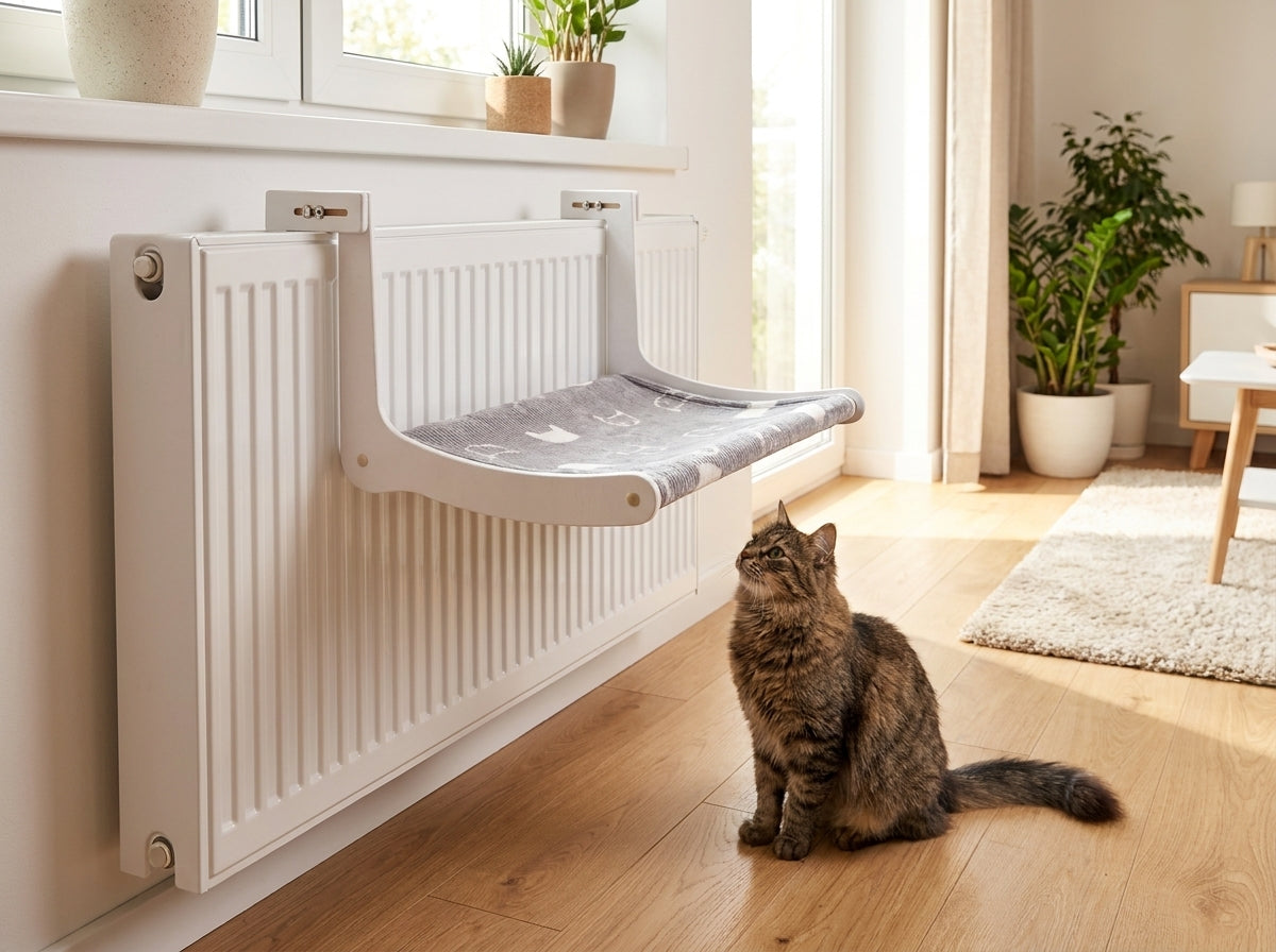 Weiße Katzenhängematte & Katzenbett – Heizkörper-Hängeschaukel / Kuscheliger Rückzugsort für Katzen / Handgefertigte Hängematte aus Naturmaterial