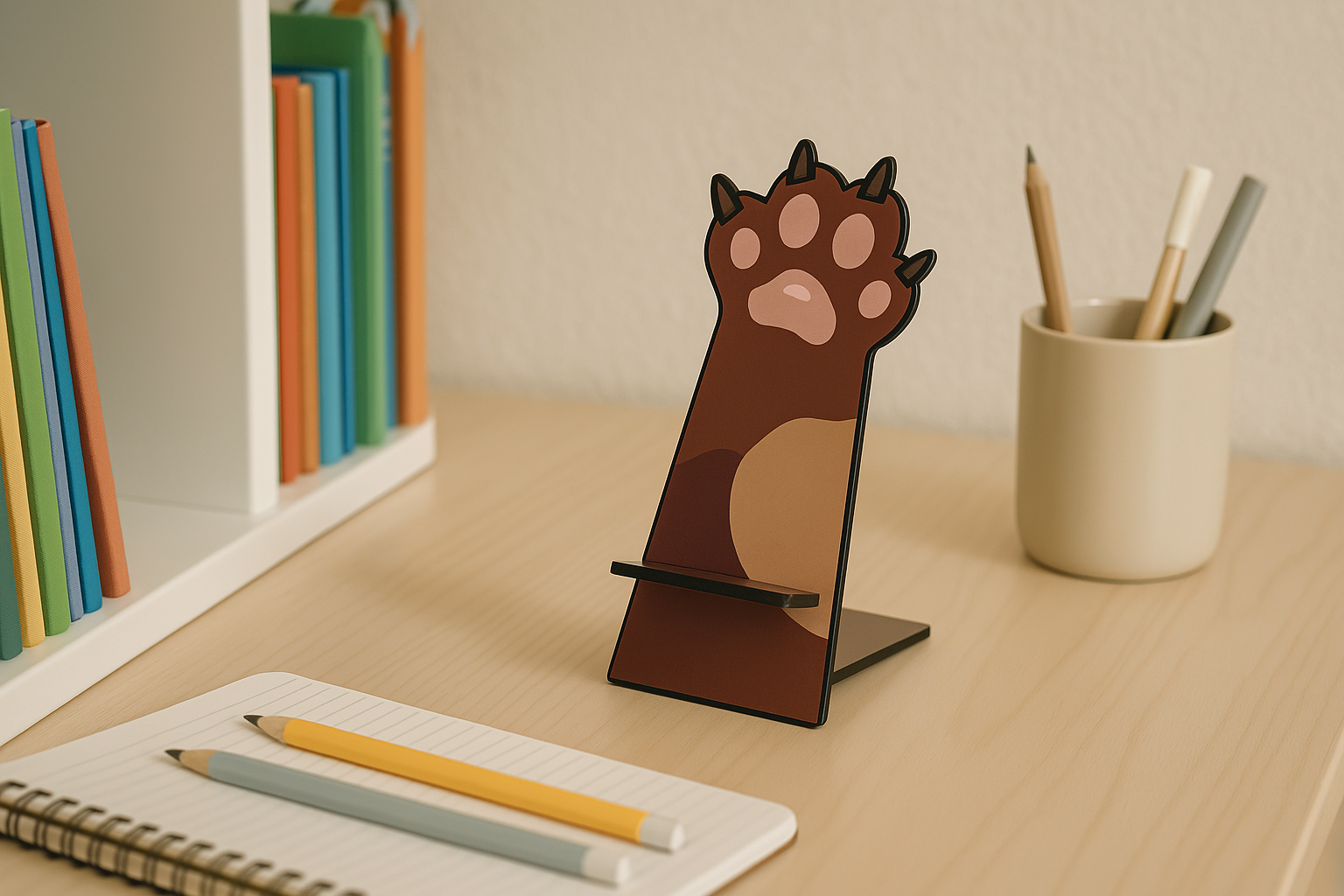 Handyhalter „Katzenpfote“ aus Holz / Smartphone-Ständer im Tierdesign / Handyhalterung für Schreibtisch & Kinderzimmer / Praktisches & dekoratives Geschenk