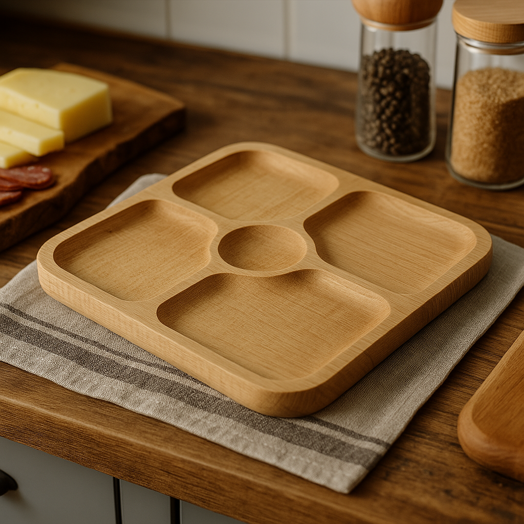 Holzteller mit Unterteilungen aus Buchenholz