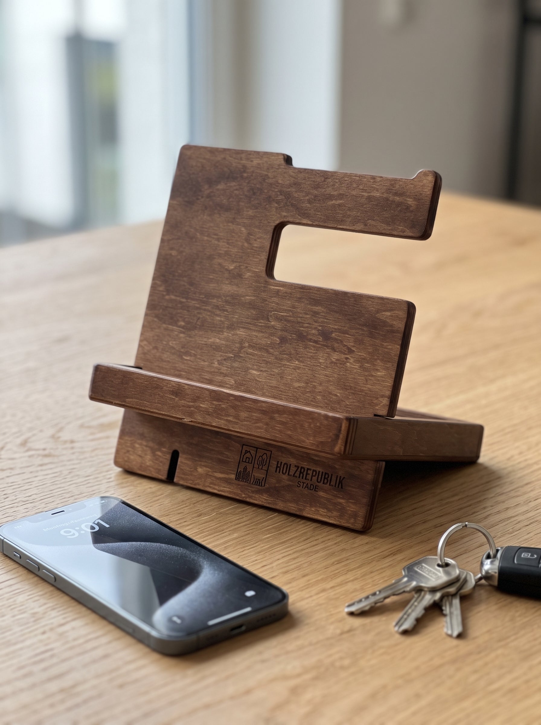 Holz-Dockingstation für Handy & Uhr Braun – Ladestation für Nachttisch & Schreibtisch