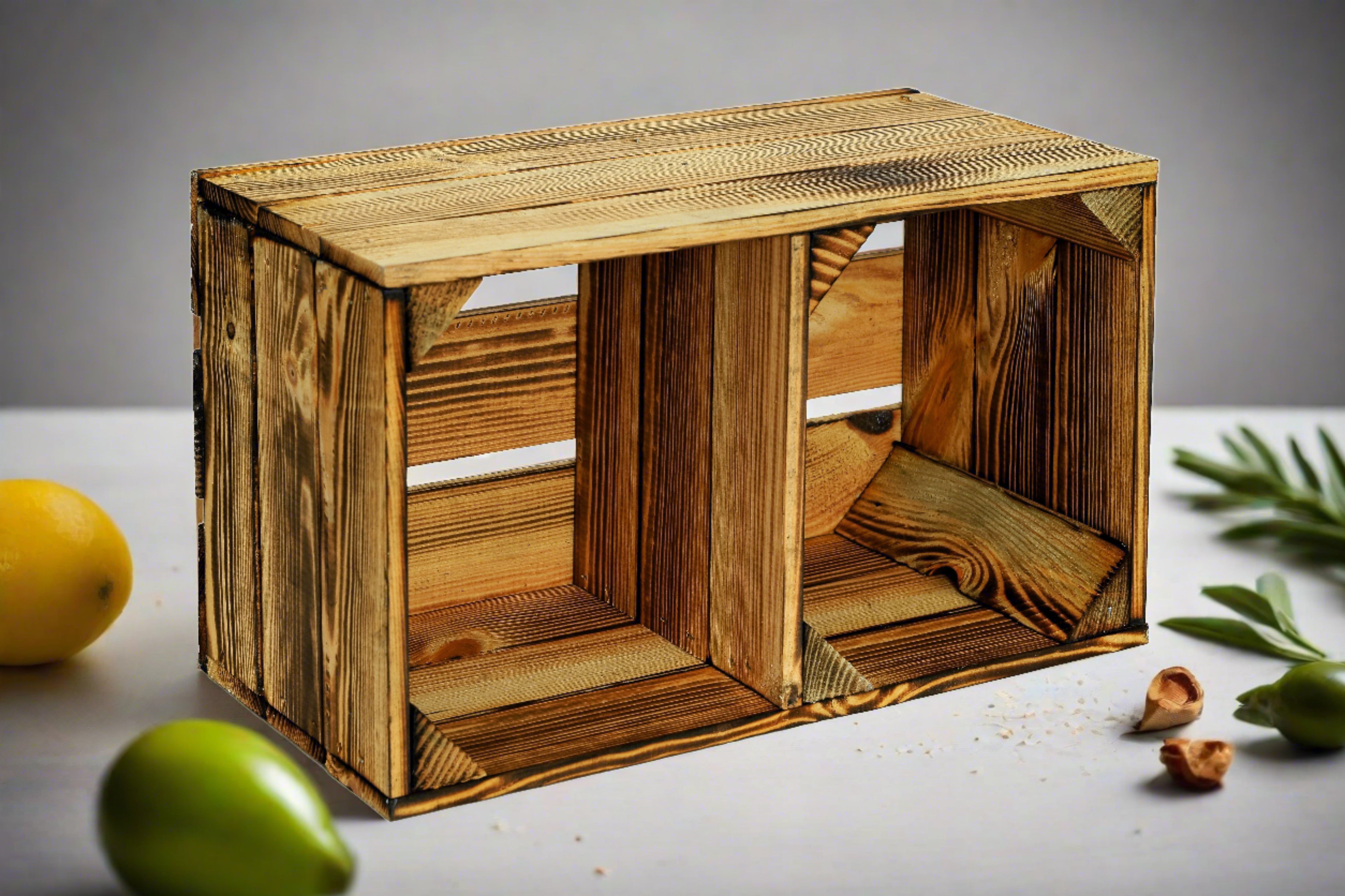 Neue Holzkiste Hilde Quer mit Mittelbrett 38x22x21cm - geflammt / kleine Dekokiste / Obstkiste / Aufbewahrungskiste- HolzRepublik