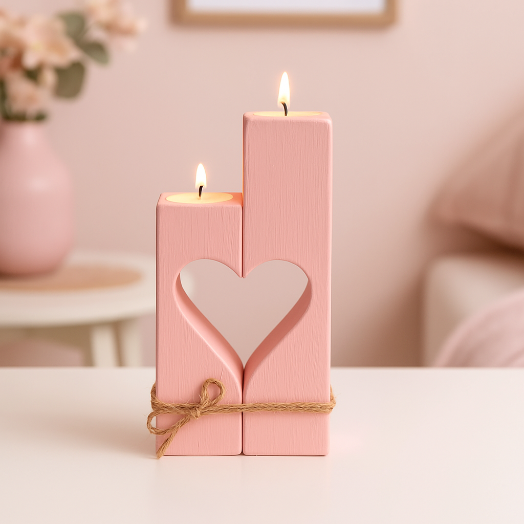 Kerzenhalter in Rosa aus Holz mit Herzausschnitt – romantischer Halter für 2 Tafelkerzen im Landhausstil / Deko & Geschenkidee aus Naturholz