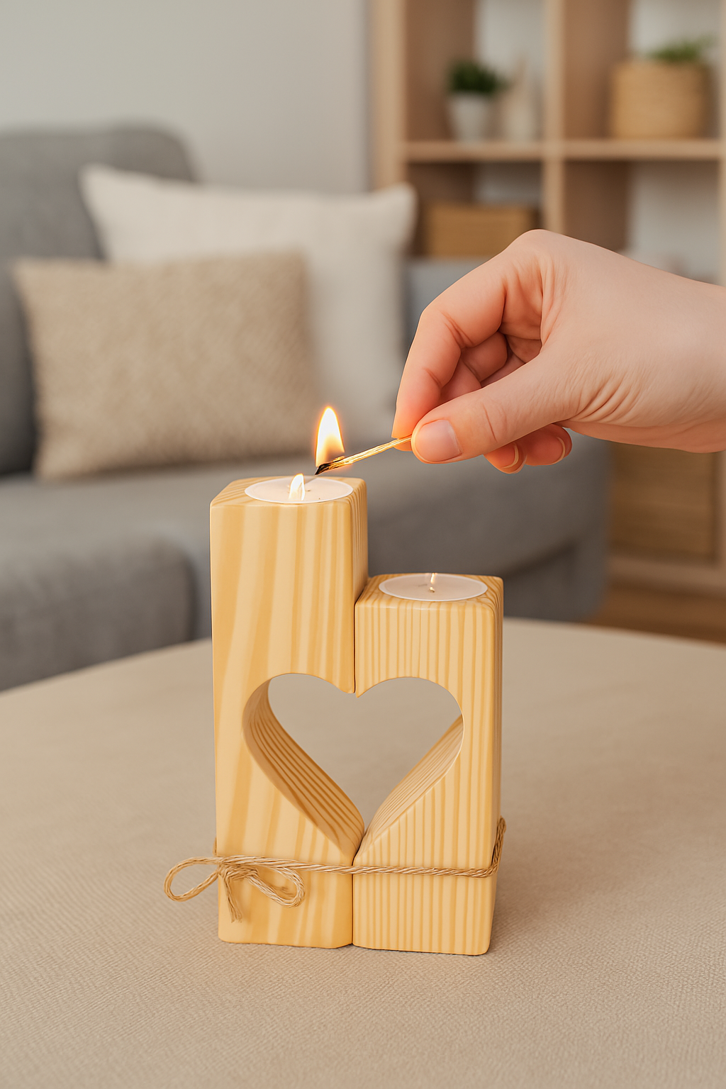 Natur Kerzenhalter aus Holz mit Herzausschnitt – romantischer Halter für 2 Tafelkerzen im Landhausstil / Deko & Geschenkidee aus Naturholz