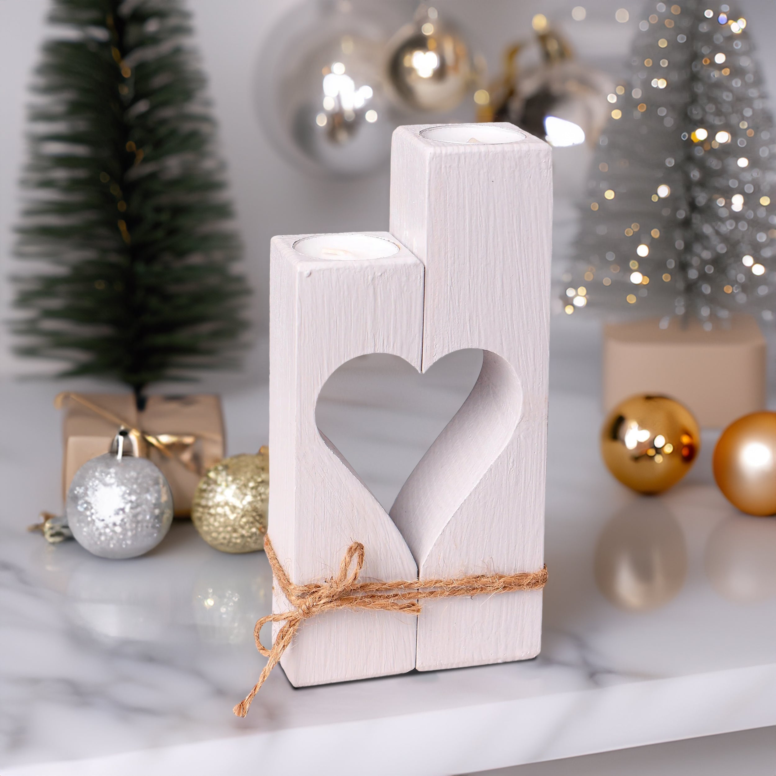 Holz Kerzenhalter mit Herzform - Grau- HolzRepublik