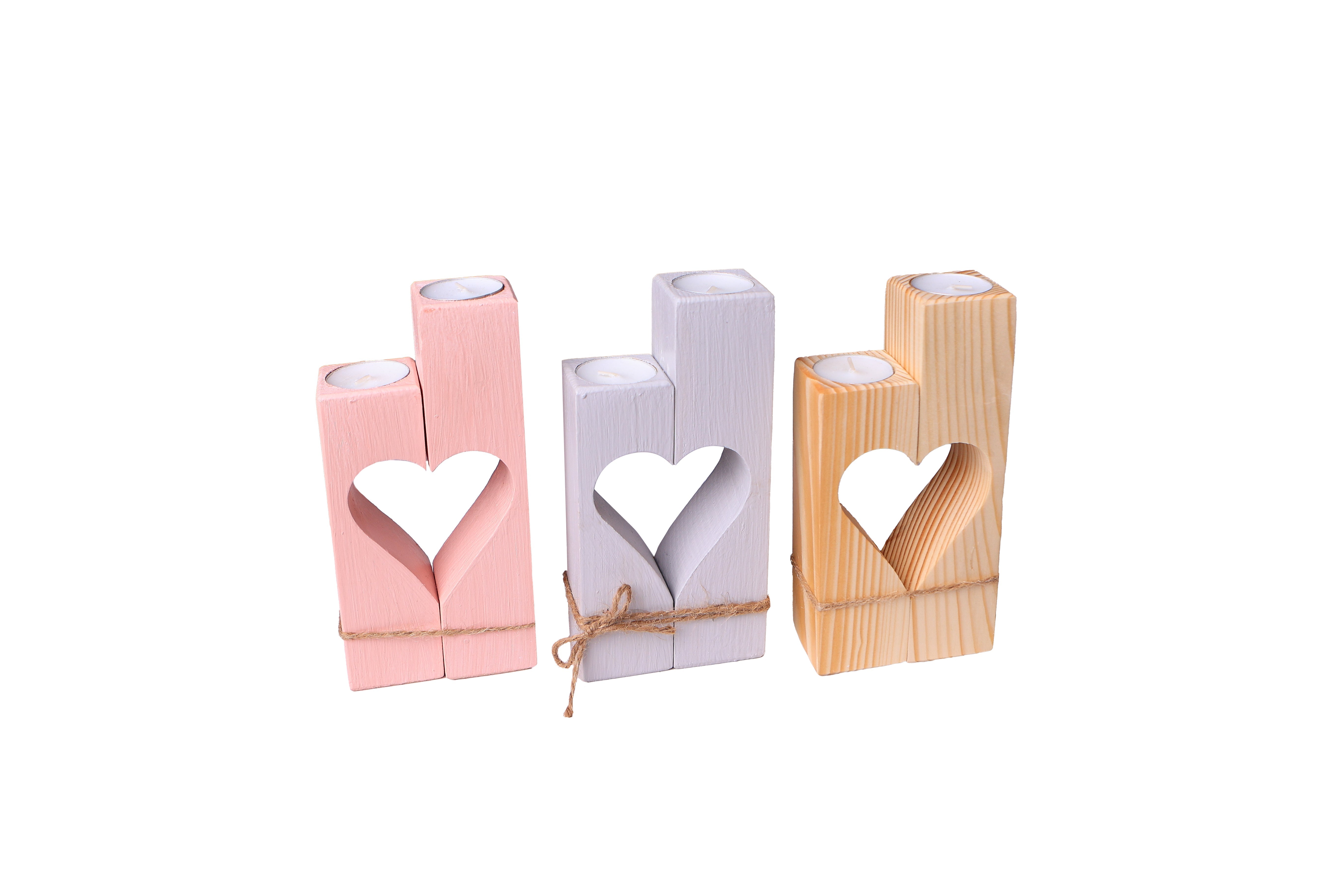 Holz Kerzenhalter mit Herzform - Rosa- HolzRepublik