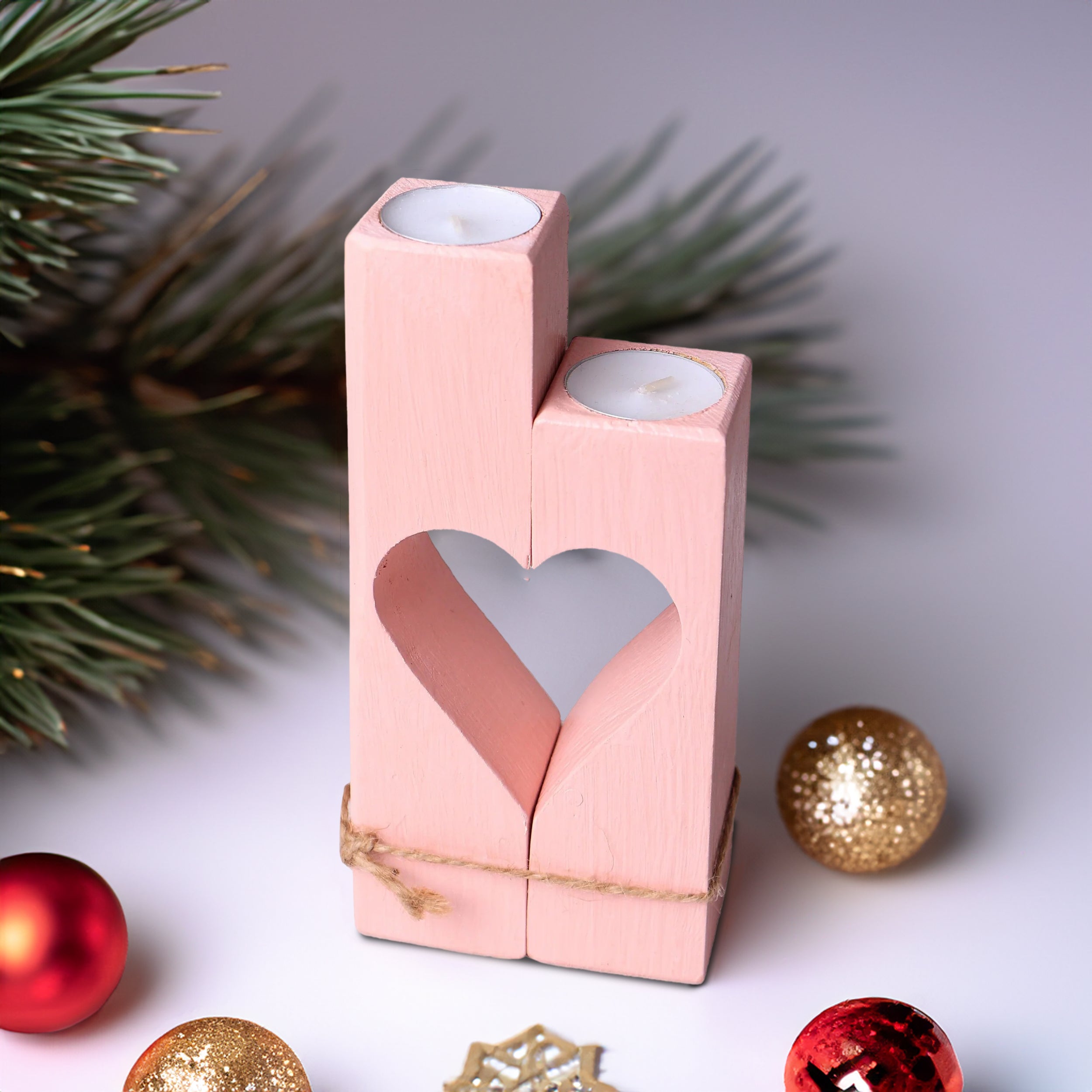 Holz Kerzenhalter mit Herzform - Rosa- HolzRepublik