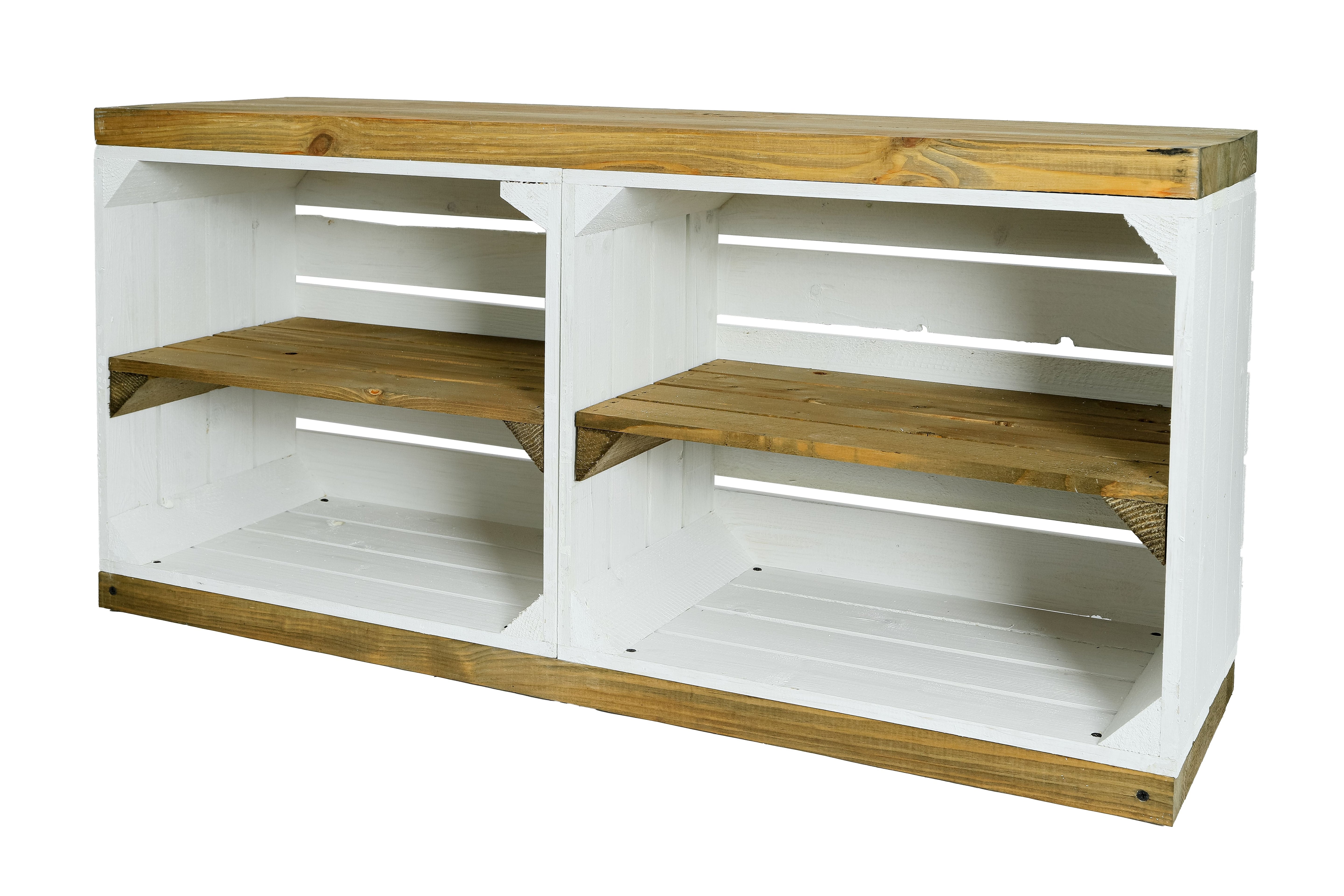 TV-Schrank / Sitzschrank 100x45x29 cm - weiß-natur aus Holzkisten und Bohlenbrett / Multifunktionale Sitzbank- HolzRepublik