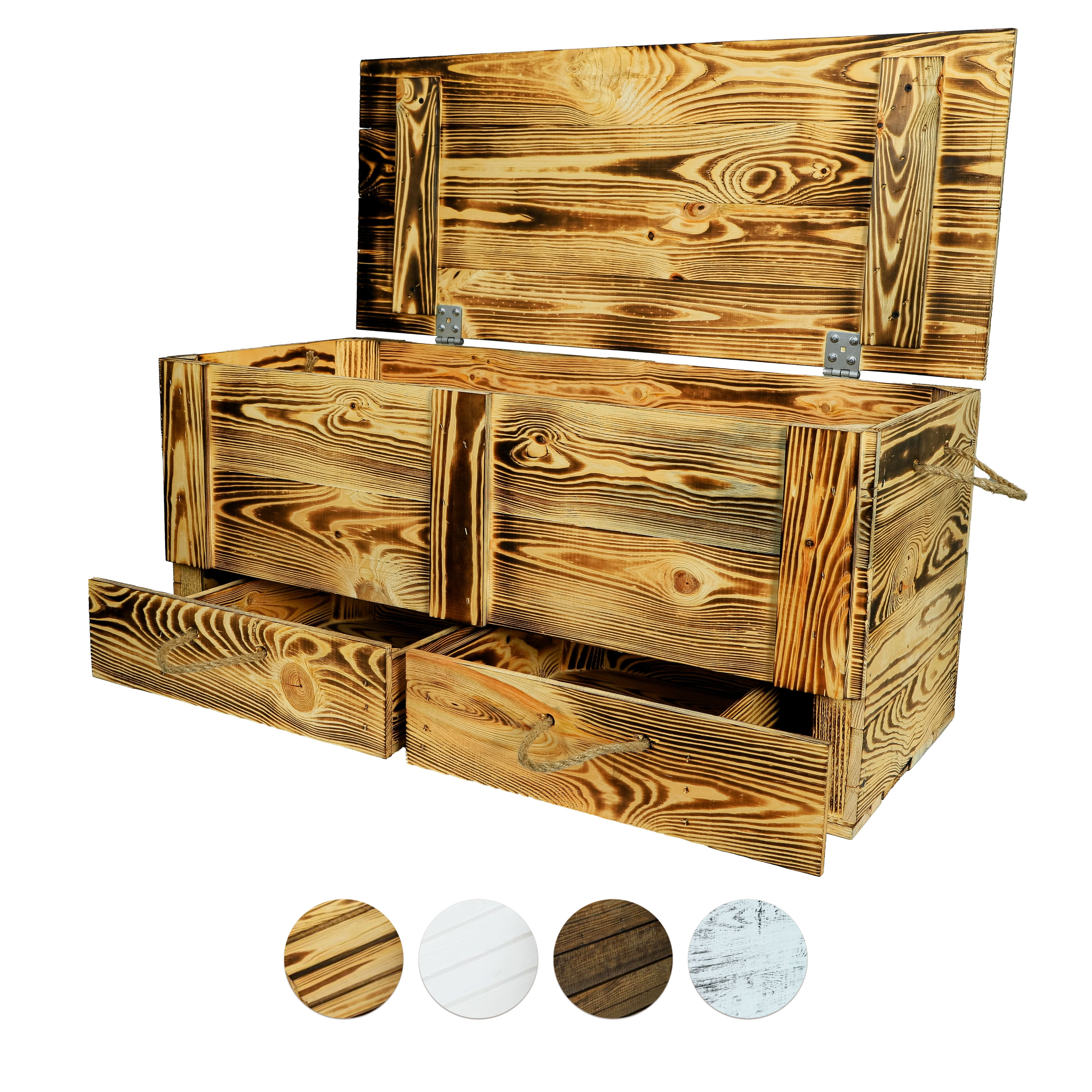 Neue Holztruhe mit 2 Schubladen 85,5x42x43,5cm - geflammt- HolzRepublik