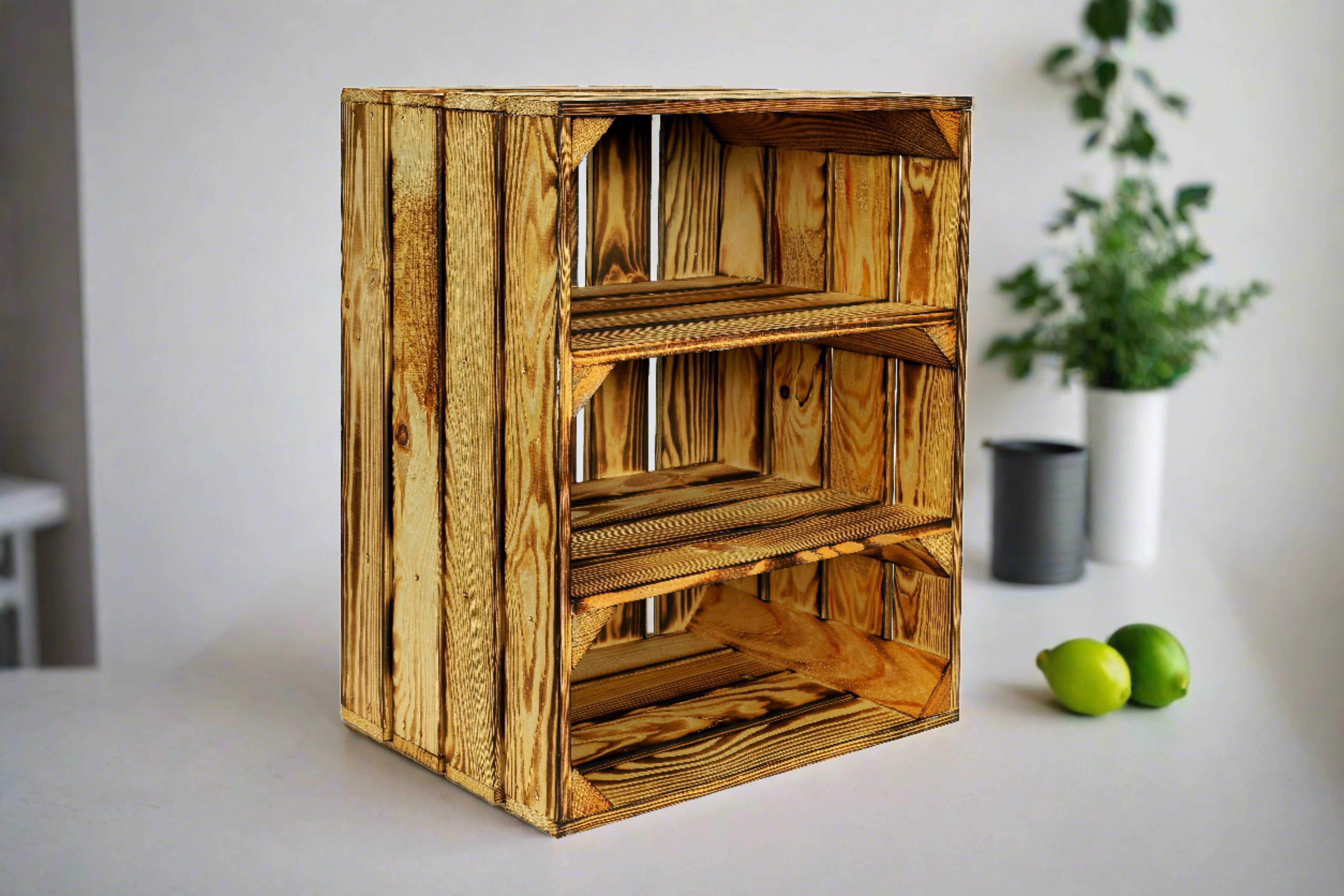 Neue Holzkiste Schuh2Quer Geflammt 50x40x29 cm mit 2 Mittelbrettern / Schuhregal / Obstkistenregal / Schuhschrank / Schuhkiste- HolzRepublik