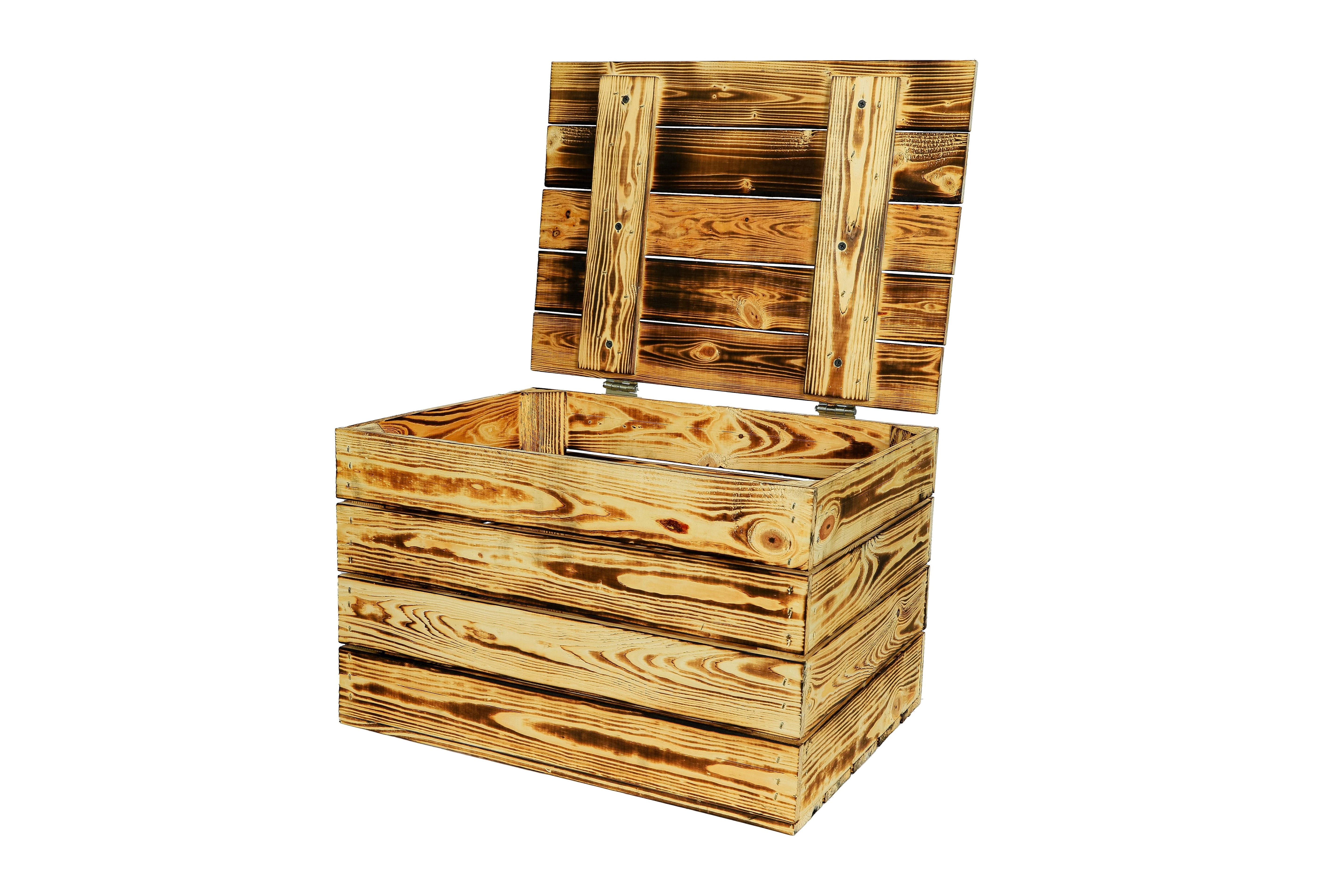 Neue Holztruhe geflammt 48x36x30cm - Truhe aus Holz / Holzkiste mit Deckel / Aufbewahrungskiste- HolzRepublik