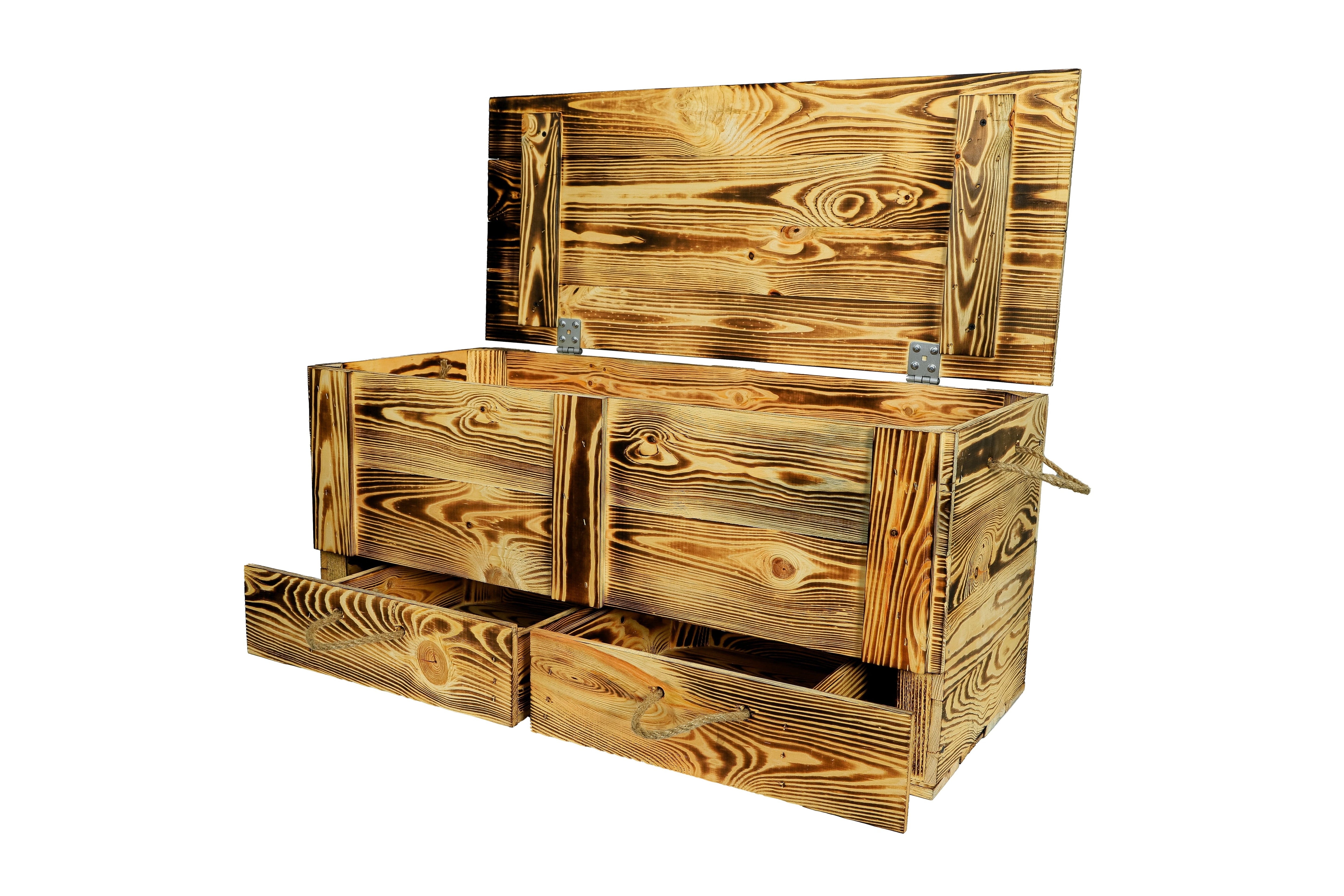 Neue Holztruhe mit 2 Schubladen 85,5x42x43,5cm - geflammt- HolzRepublik