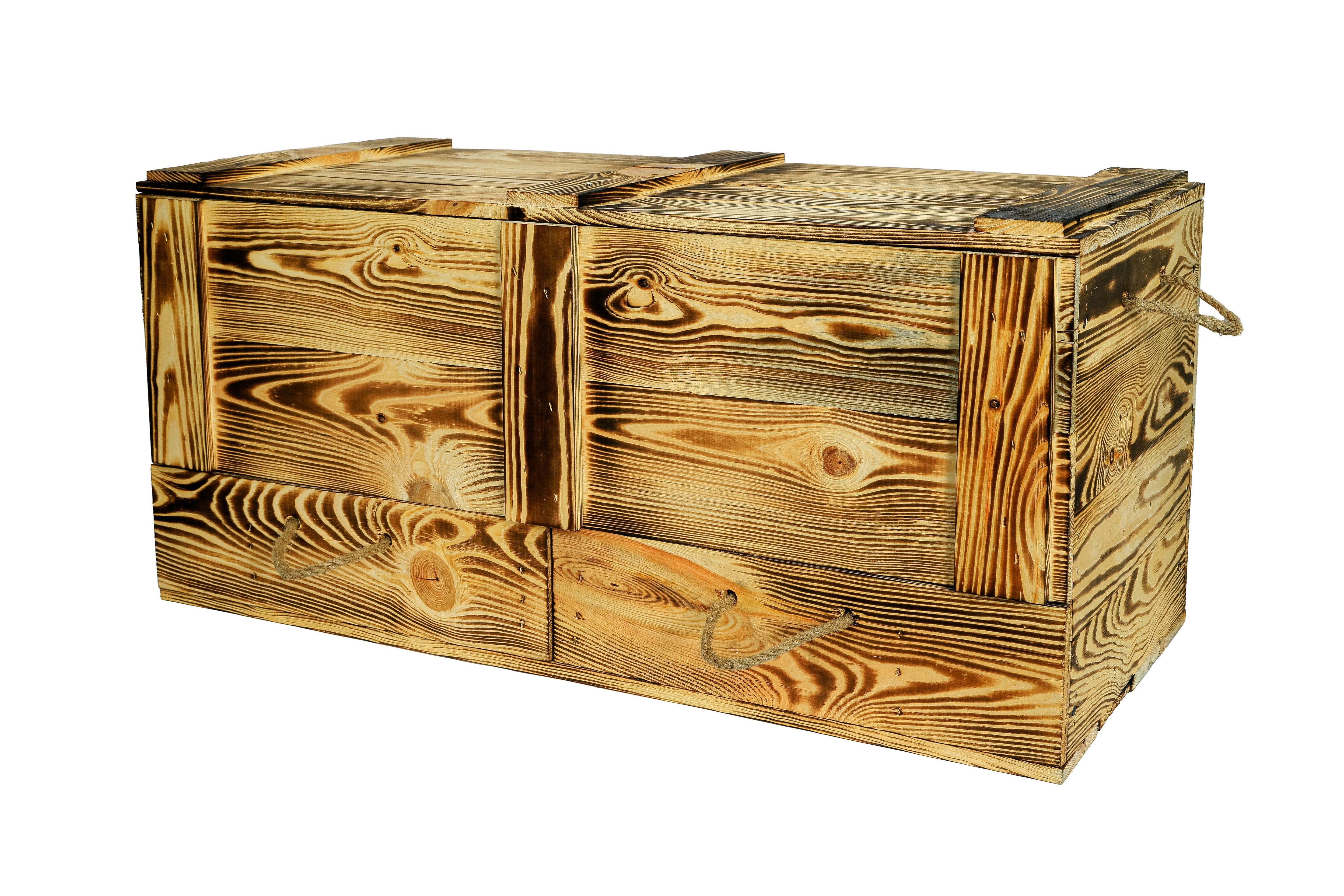 Neue Holztruhe mit 2 Schubladen 85,5x42x43,5cm - geflammt- HolzRepublik