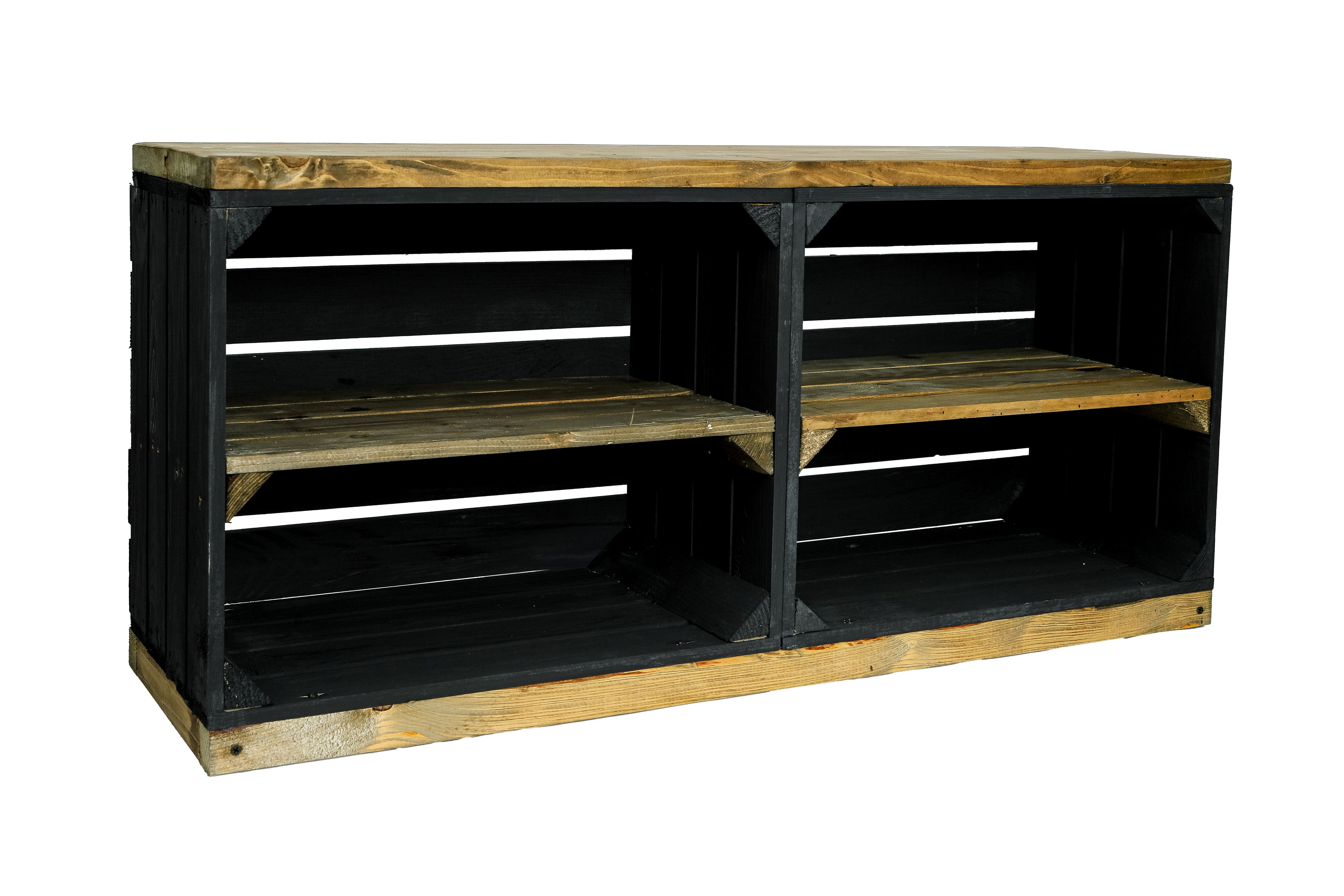TV-Schrank / Sitzschrank 100x45x29 cm - schwarz-geflammt aus Holzkisten und Bohlenbrett / Multifunktionale Sitzbank- HolzRepublik