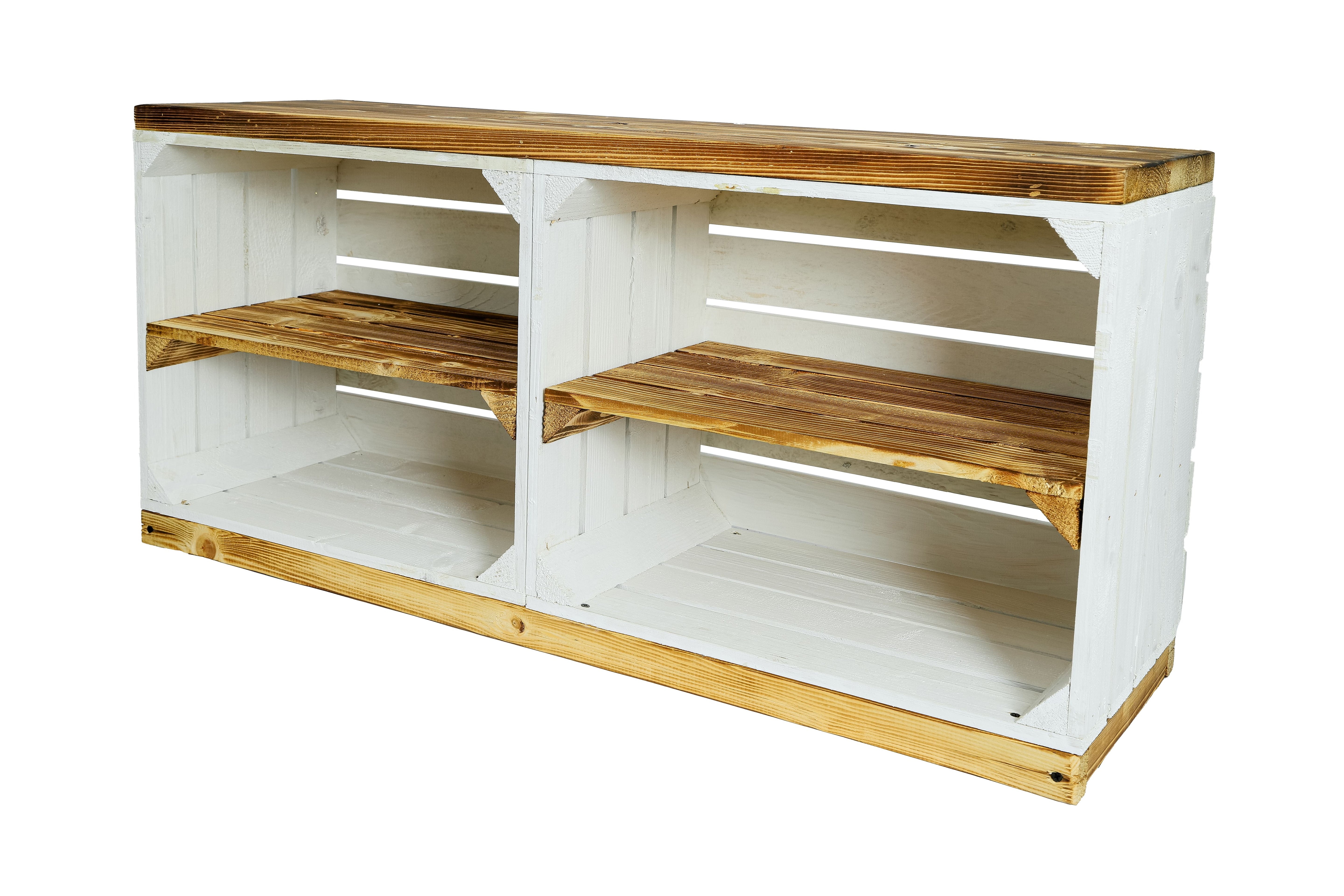 TV-Schrank / Sitzschrank 100x45x29 cm - weiß-geflammt aus Holzkisten und Bohlenbrett / Multifunktionale Sitzbank- HolzRepublik