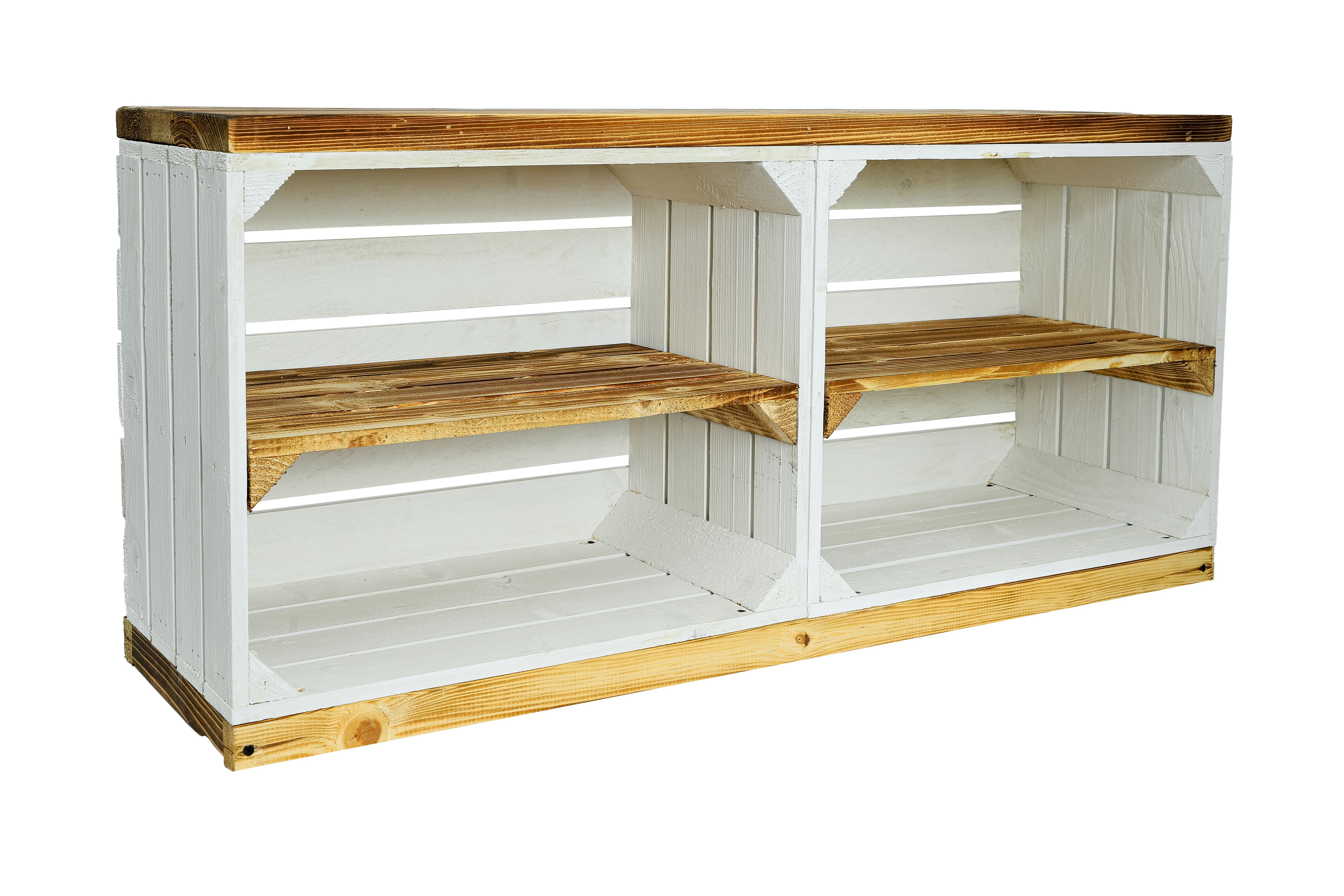 TV-Schrank / Sitzschrank 100x45x29 cm - weiß-geflammt aus Holzkisten und Bohlenbrett / Multifunktionale Sitzbank- HolzRepublik