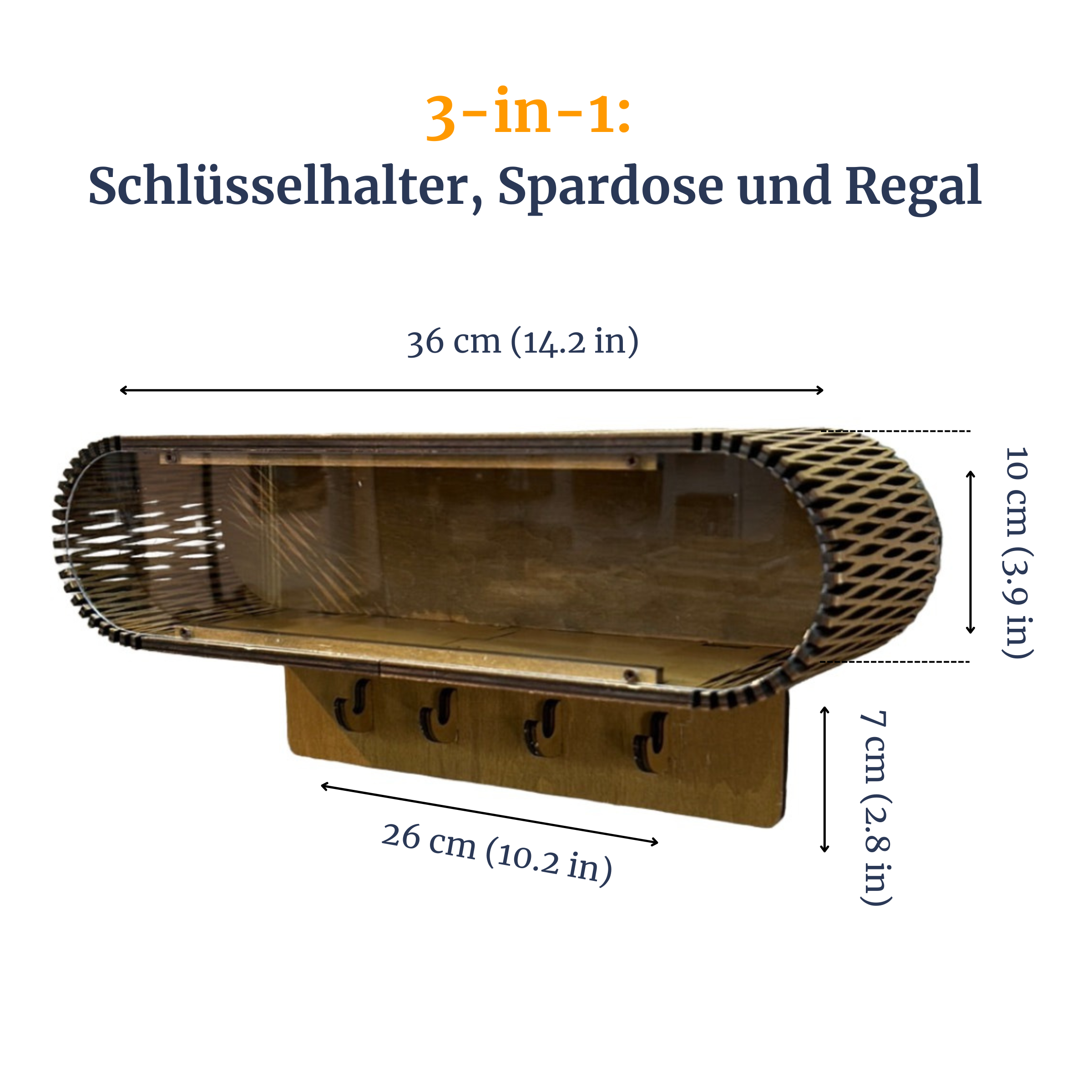 3-in-1: Schlüsselhalter, Spardose und Regal