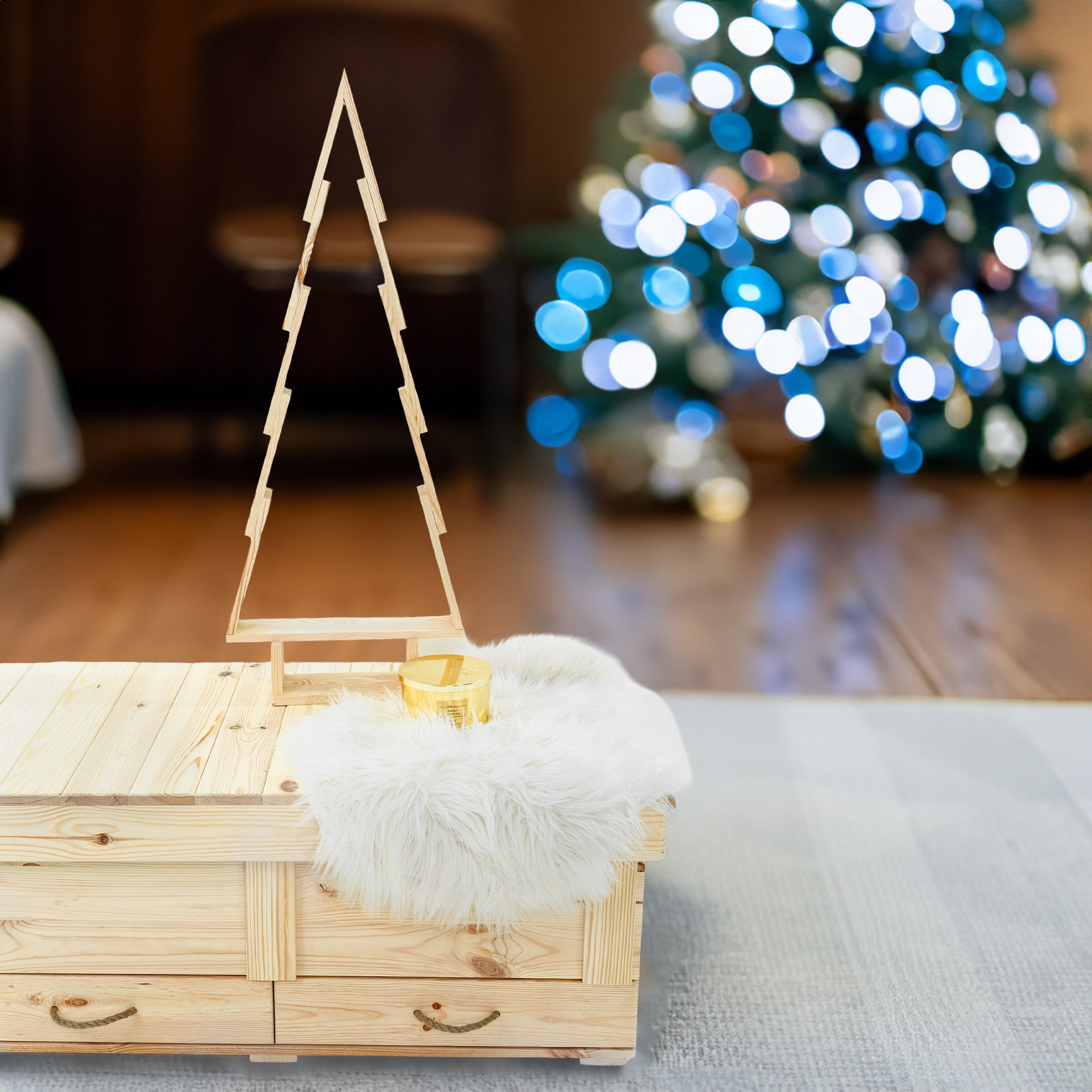 Holztruhe / Weihnachtstruhe Natur 100x46x40 cm mit Tablett und Holzweihnachtsbaum