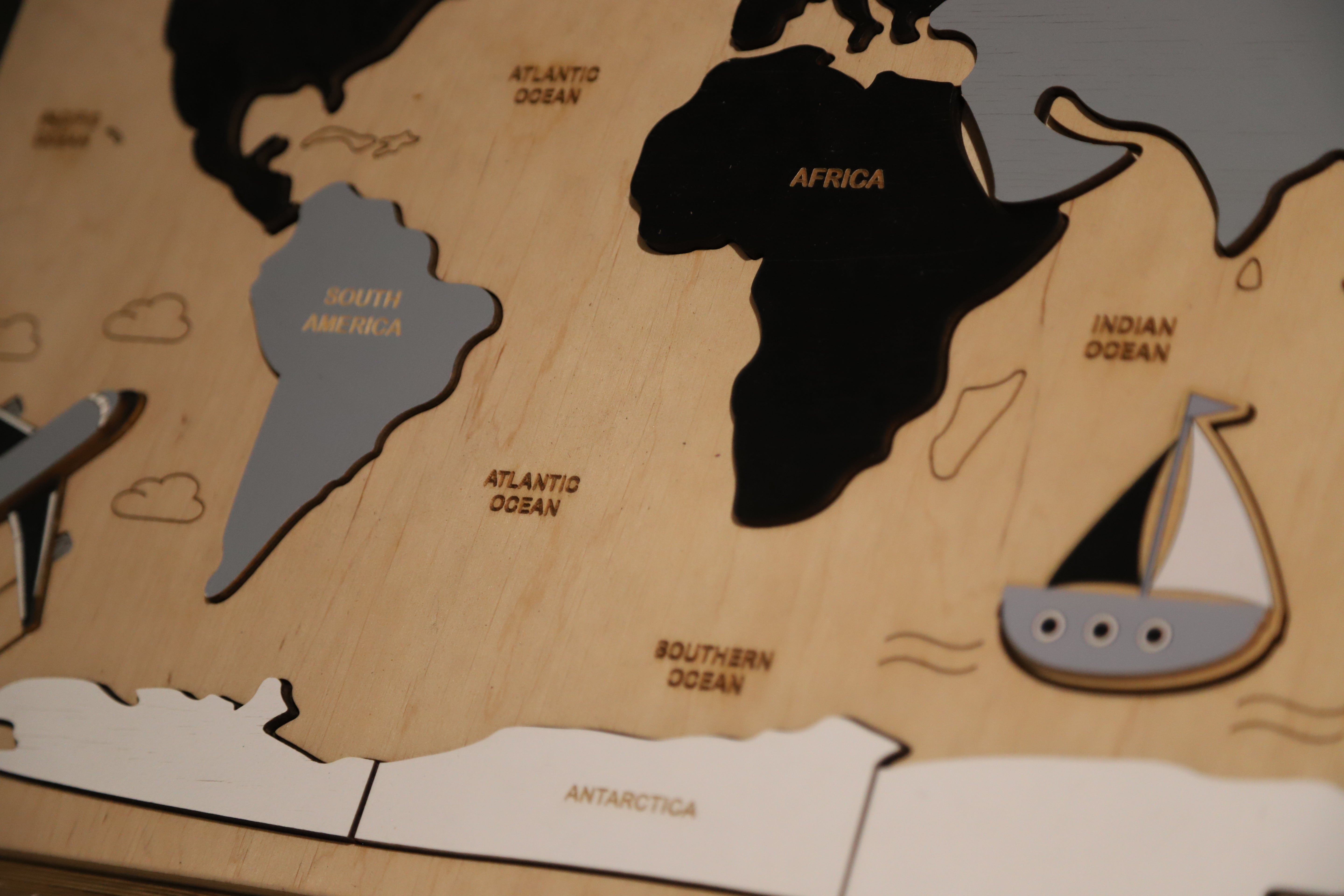 Puzzle Weltkarte – pädagogisches Holzpuzzle für Kinder / Lernspiel zur Geografie / Entdeckungsreise für junge Weltentdecke