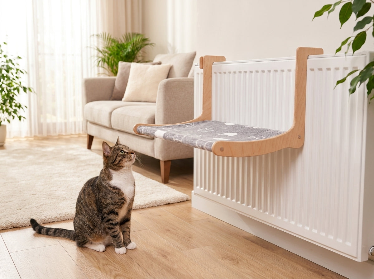 Katzenhängematte / Katzenbett aus Holz – Heizkörper-Hängeschaukel / Kuscheliger Rückzugsort für Katzen / Handgefertigte Hängematte