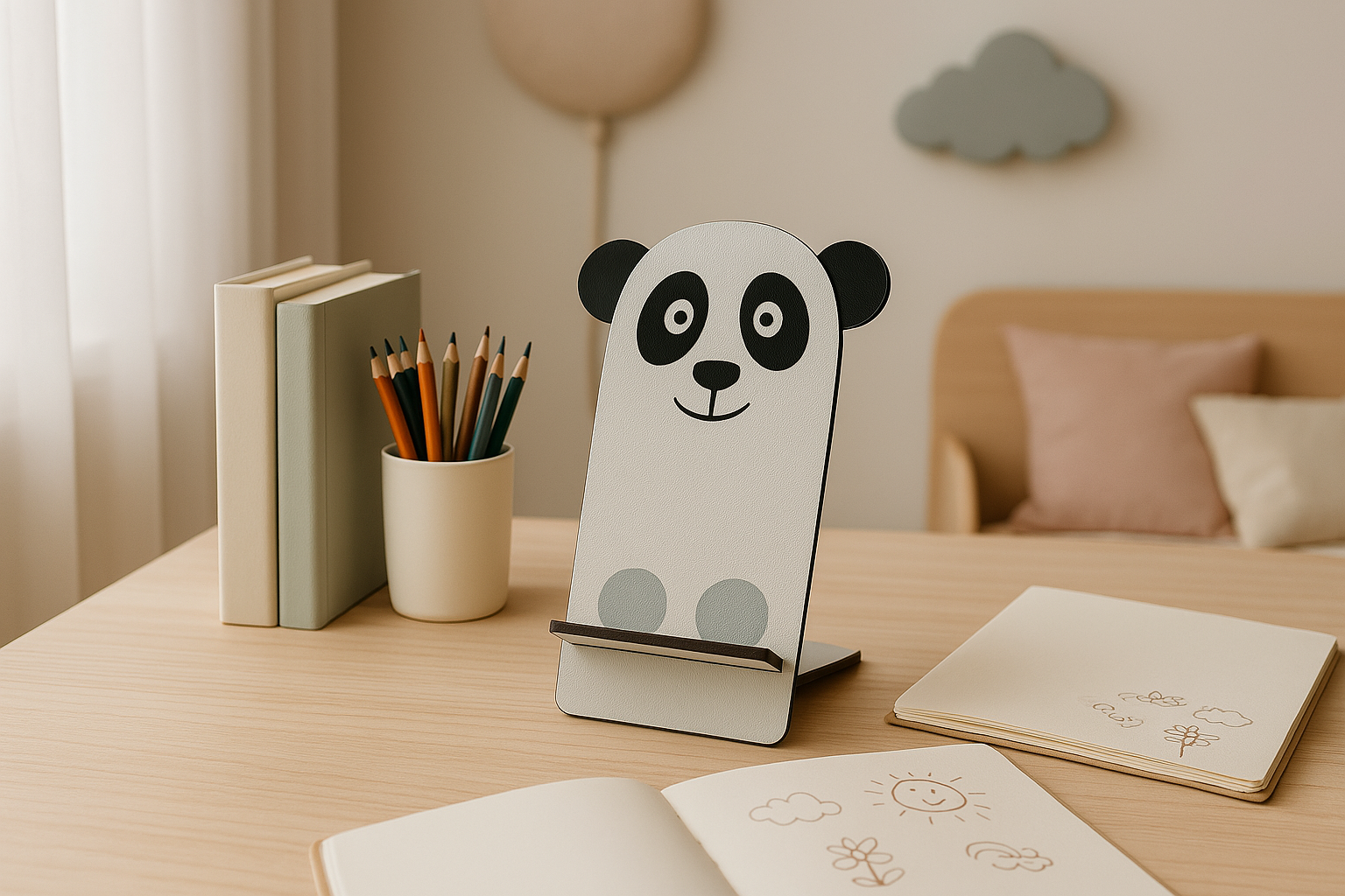 Handyhalter Panda aus Holz / Smartphone-Ständer im Tierdesign / Handyhalterung für Schreibtisch & Kinderzimmer / Praktisches & dekoratives Geschenk
