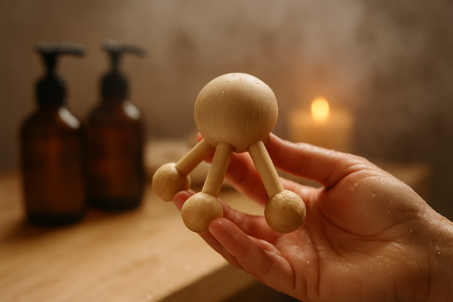 Holz-Massager „Molekül“ für Kopf & Körper – manueller Scalp- & Körpermassager aus Naturholz / Entspannender Handmassager für Wellness & Durchblutung