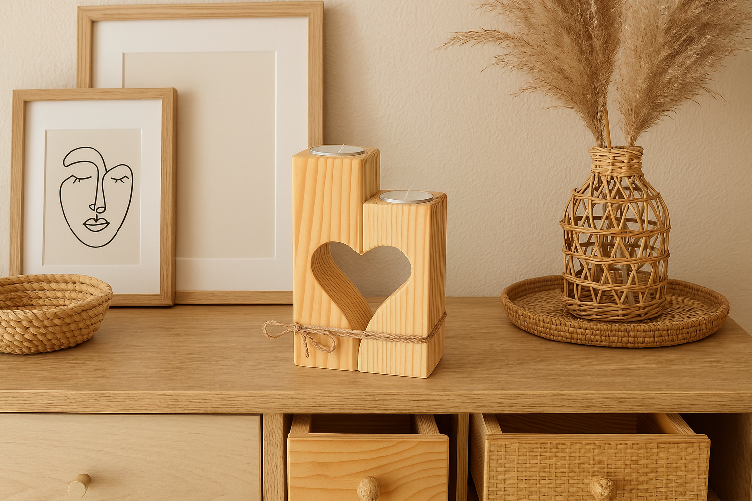 Natur Kerzenhalter aus Holz mit Herzausschnitt – romantischer Halter für 2 Tafelkerzen im Landhausstil / Deko & Geschenkidee aus Naturholz