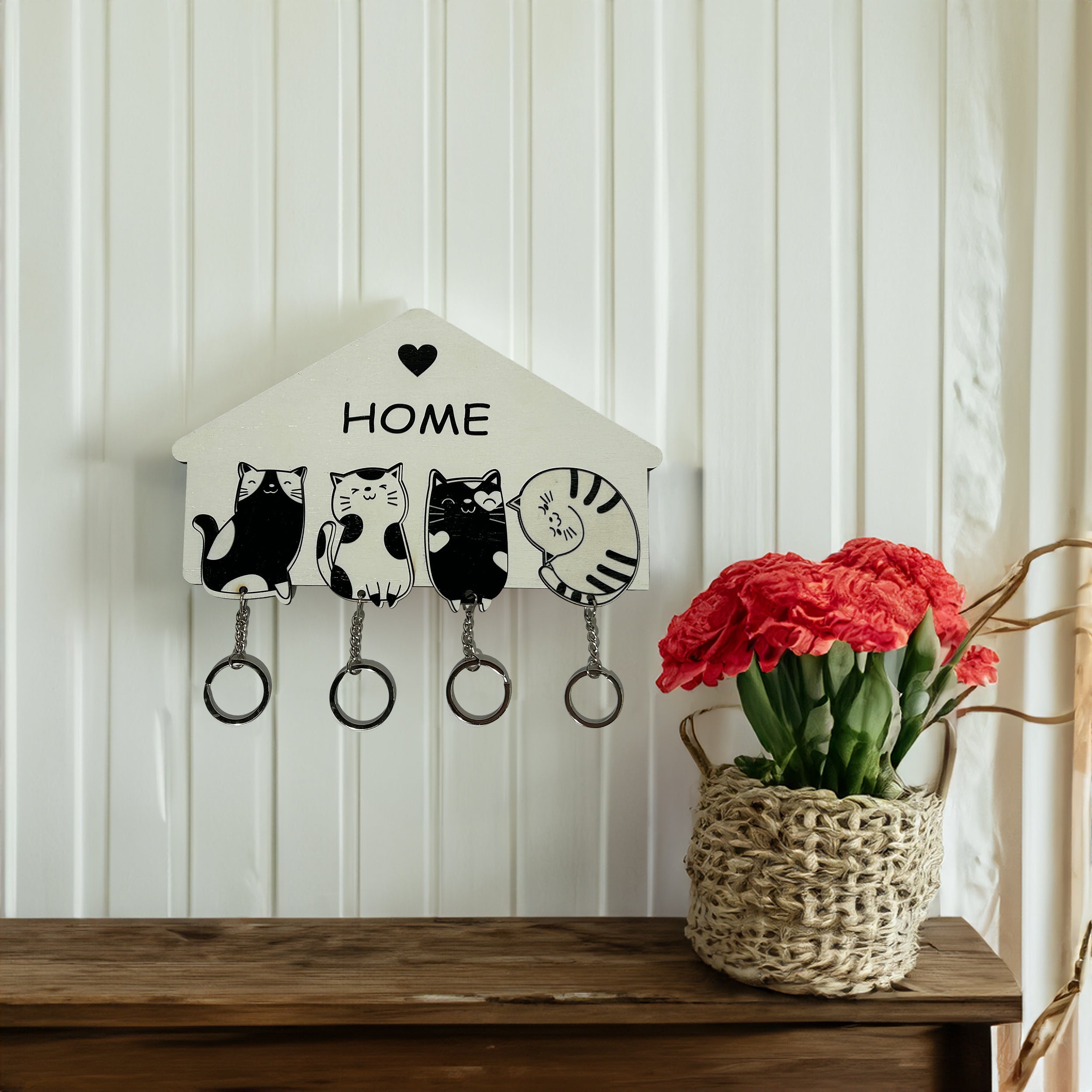    Einzigartiger Holz-Wandschlüsselhalter mit Kätzchenzeichnung- HolzRepublik